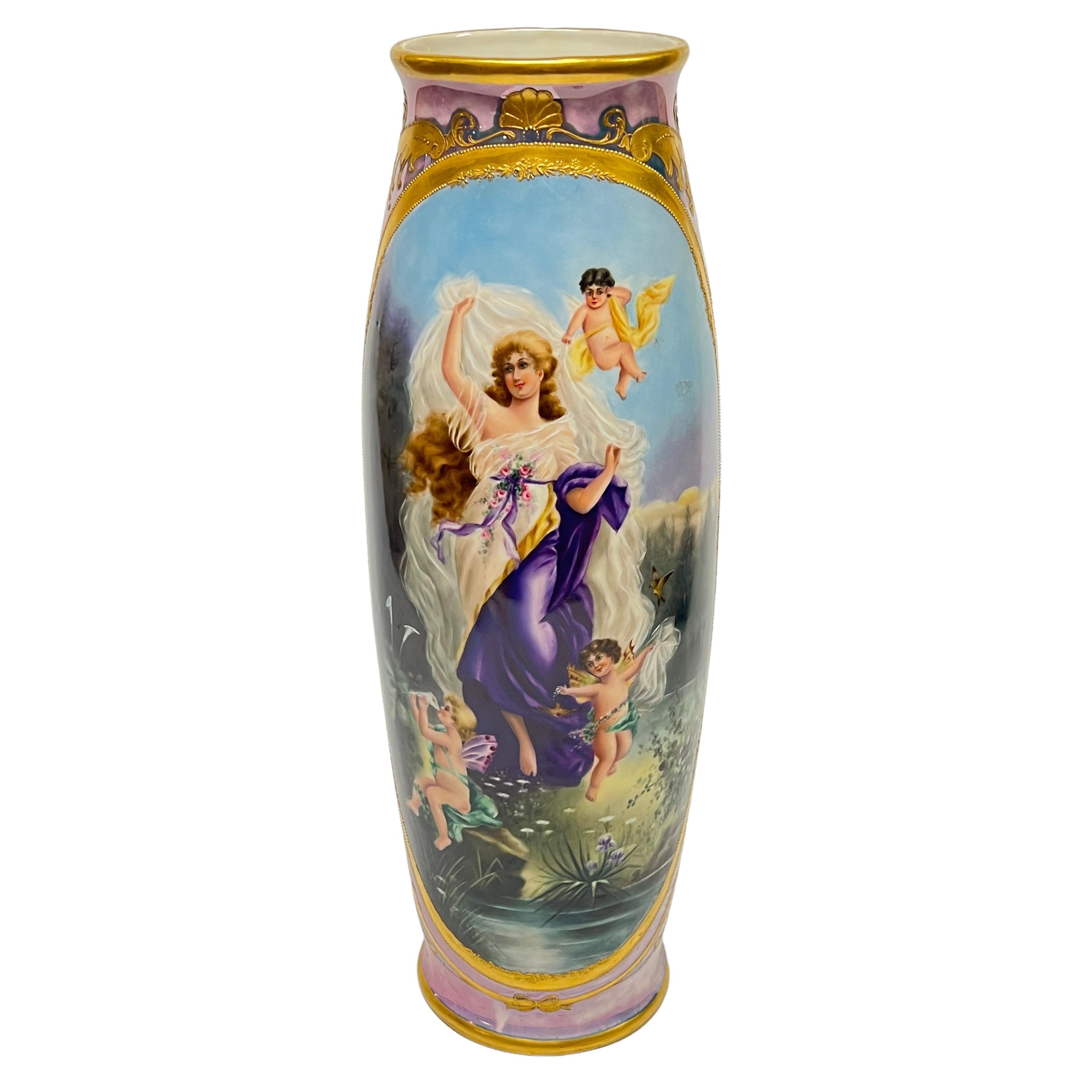 Grande vaso antico in porcellana di Limoges figurativo e dorato
