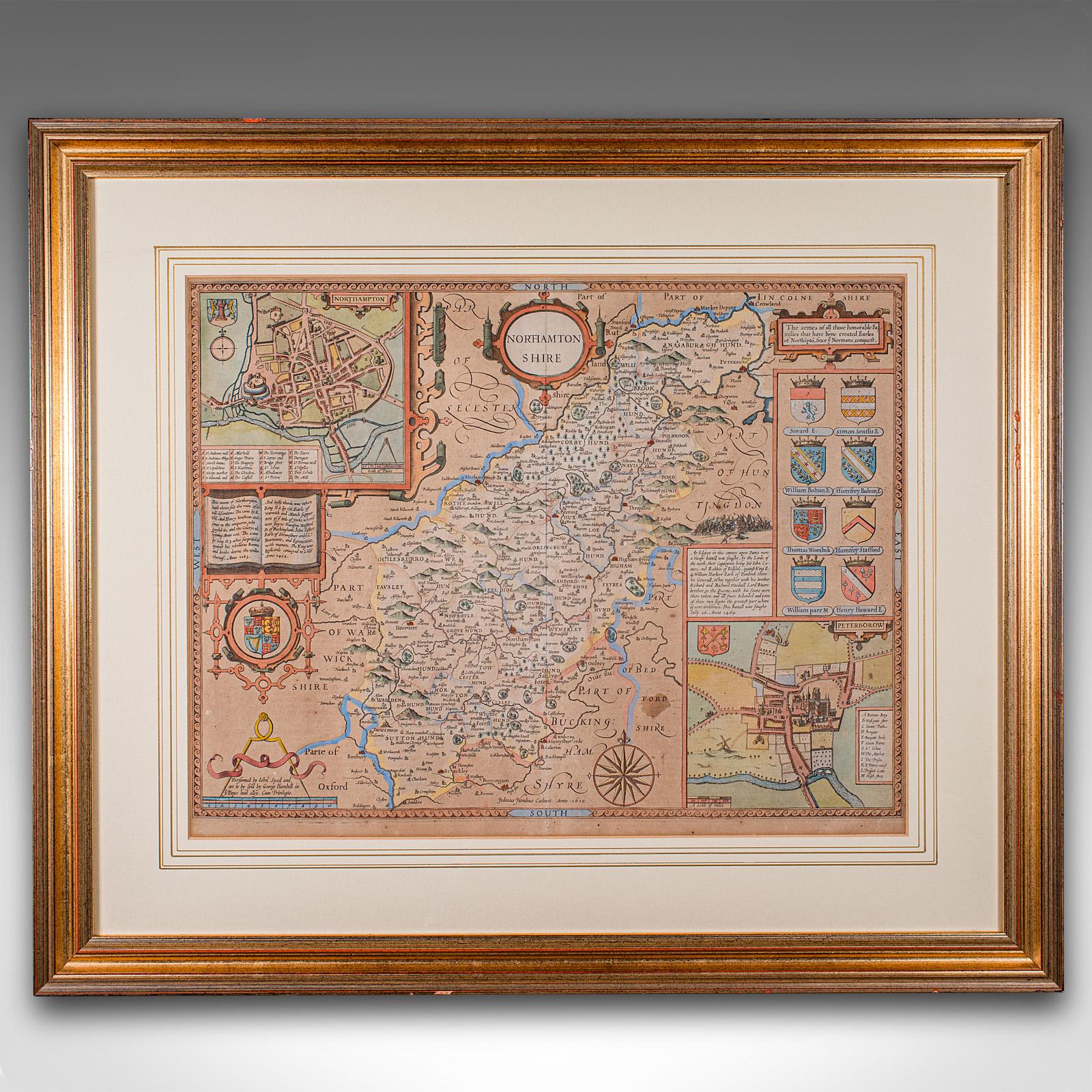 
This is a large antique lithography map of Northamptonshire. An English, framed atlas engraving of cartographic interest by John Speed, dating to the early 17th century and later.

Superb lithography reproduction of Northamtonshire - place names