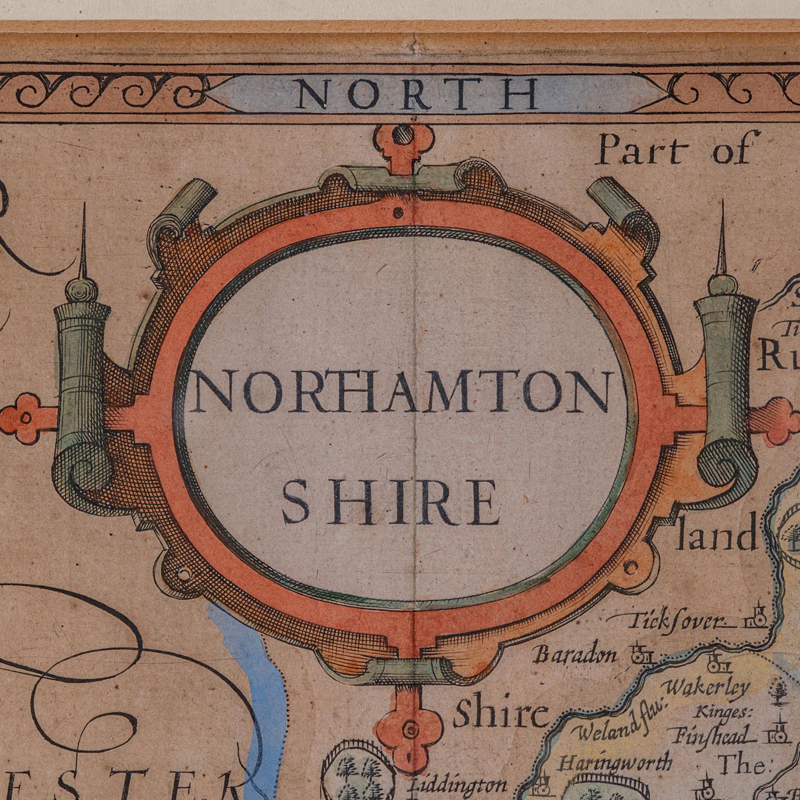 Other Large Antique Lithography Map, Northamptonshire, Framed Cartography, John Speed For Sale