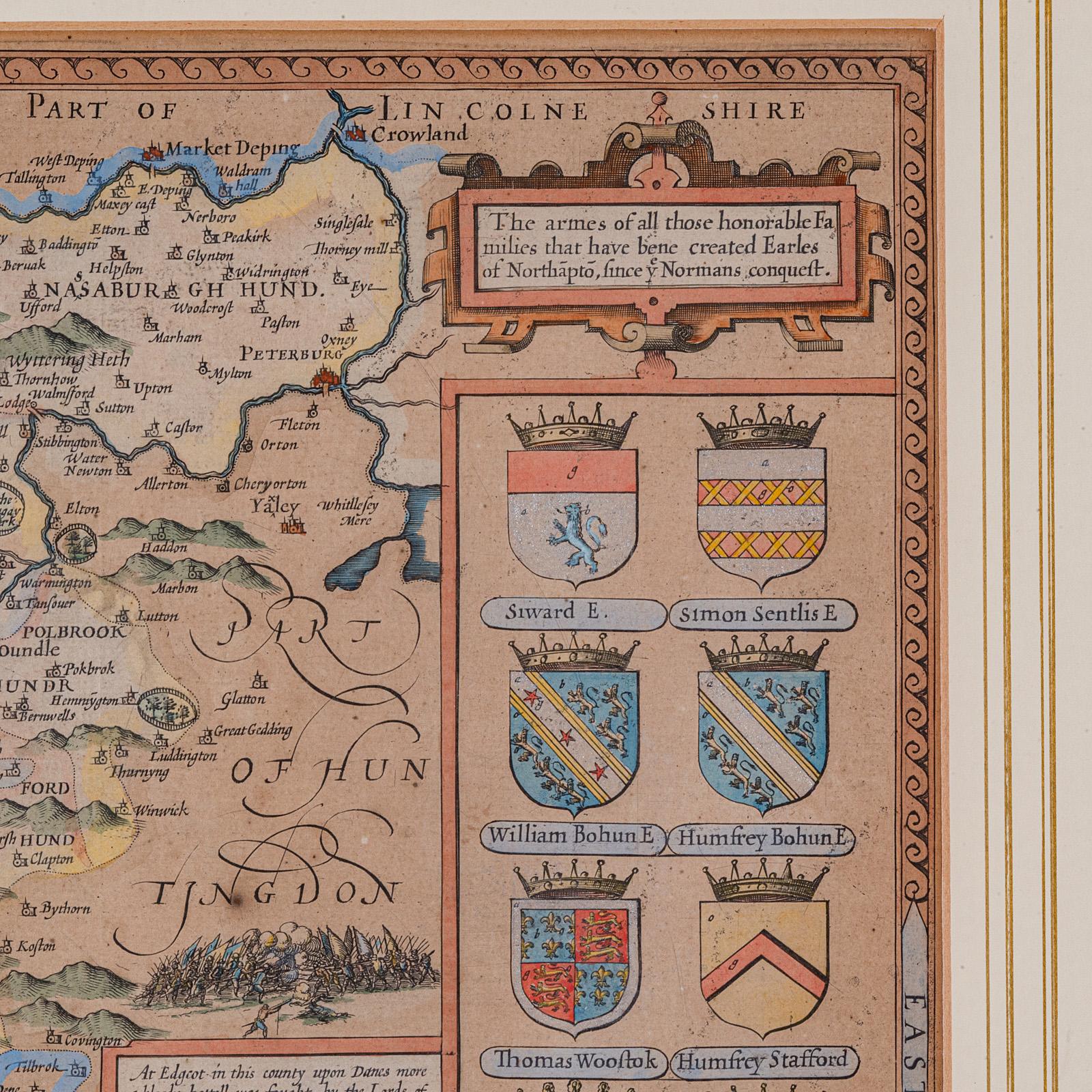 17th Century Large Antique Lithography Map, Northamptonshire, Framed Cartography, John Speed For Sale