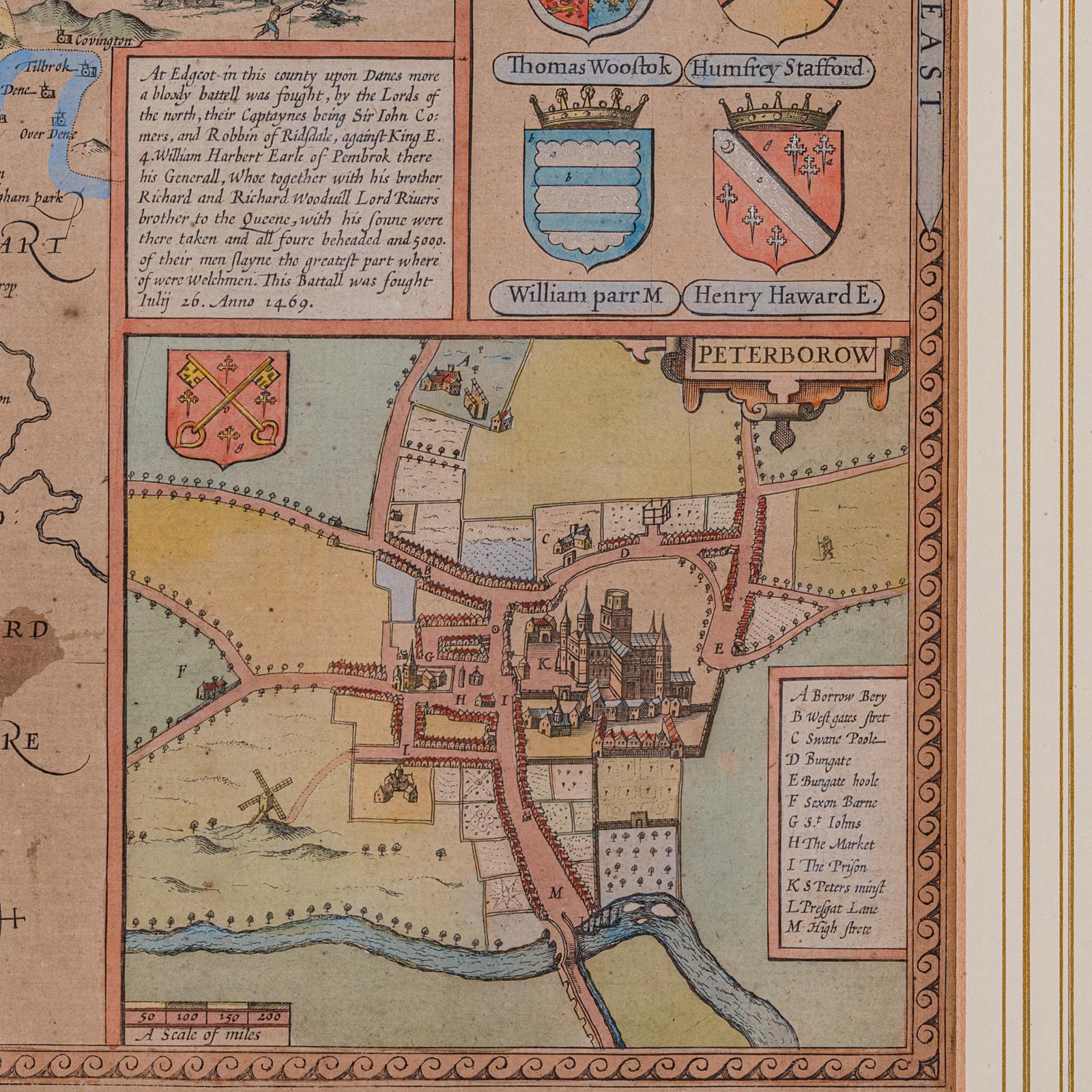 Glass Large Antique Lithography Map, Northamptonshire, Framed Cartography, John Speed For Sale