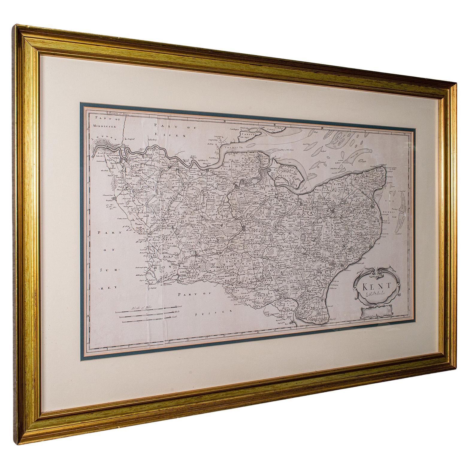 Grande mappa litografica antica del Kent, inglese, cartografia, Robert Morden, 1700