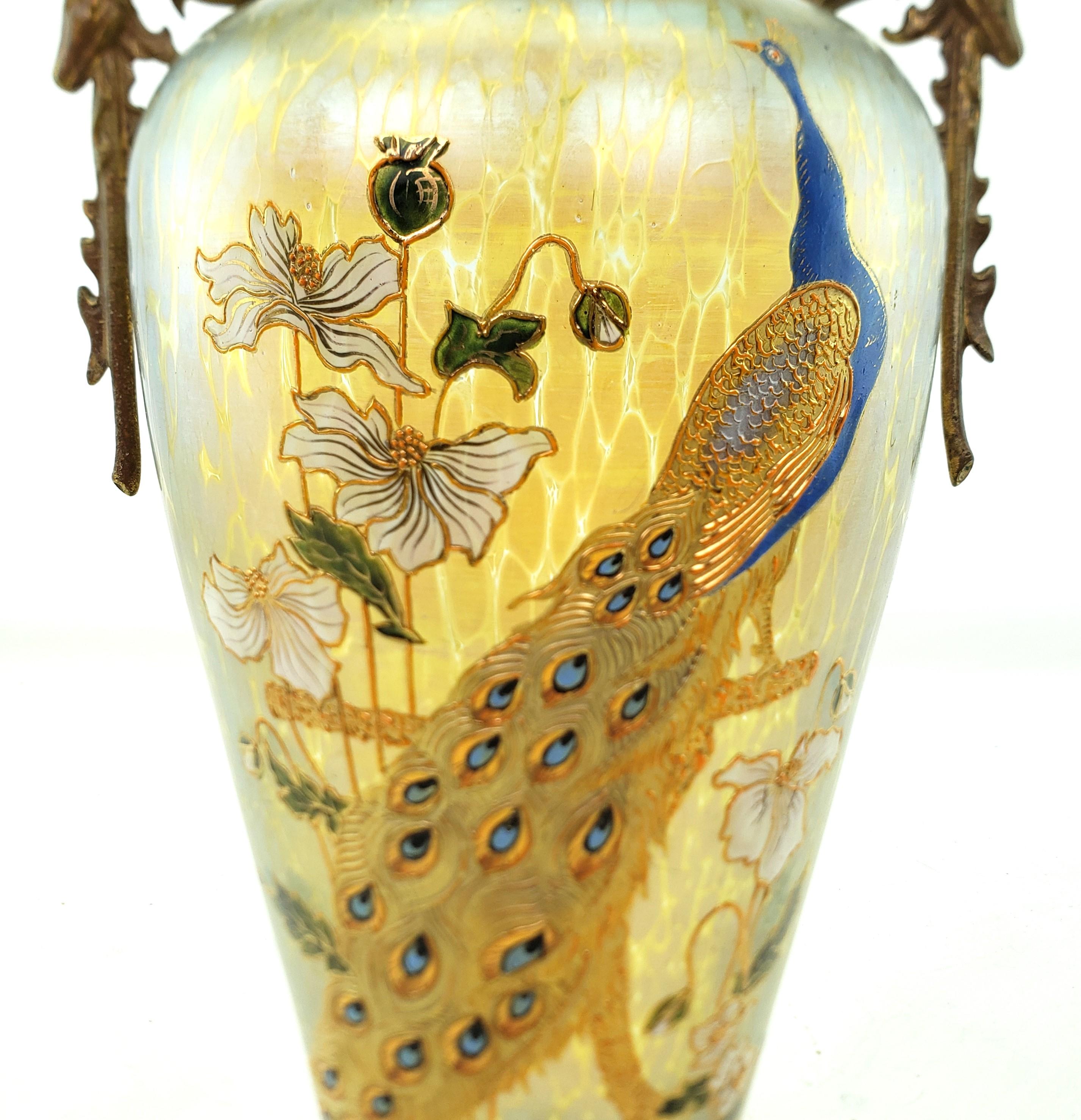 Large Antique Loetz Papillon Art Glass Vase with Enamel Peacock & Floral Decor For Sale 2