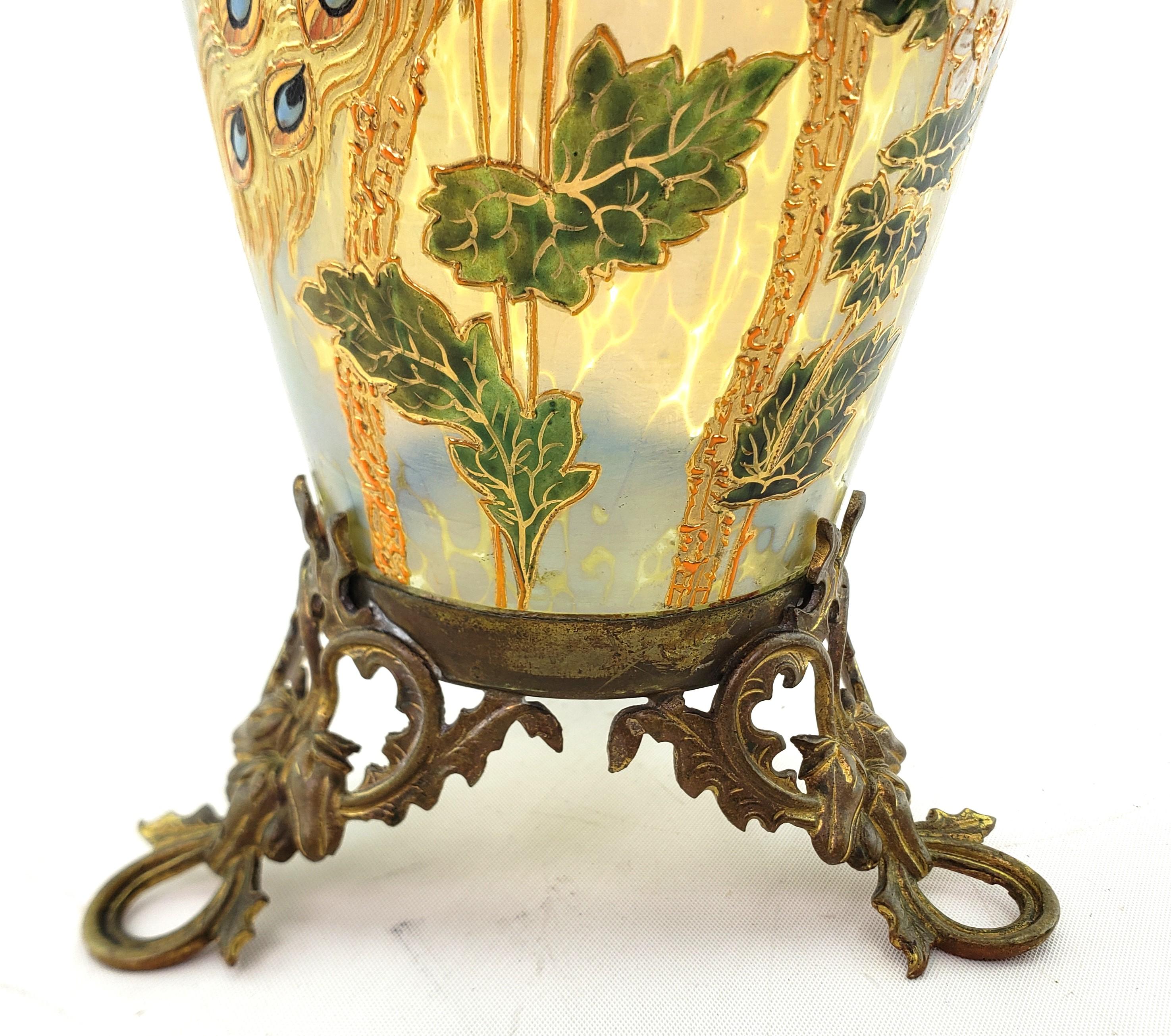Large Antique Loetz Papillon Art Glass Vase with Enamel Peacock & Floral Decor For Sale 4