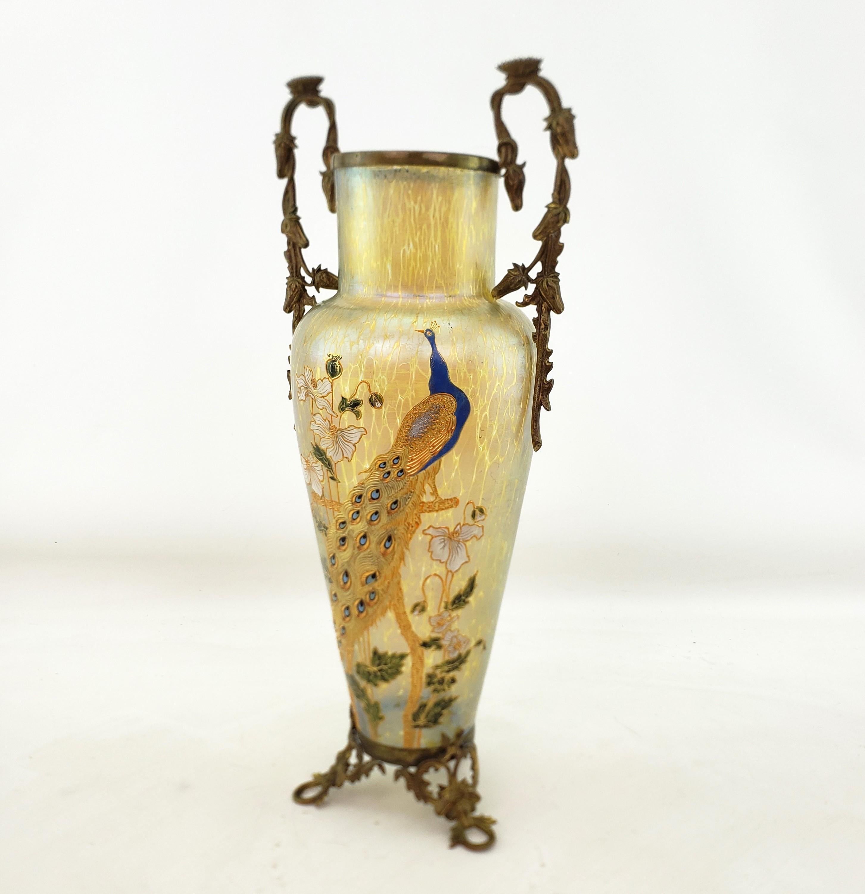 Art Nouveau Large Antique Loetz Papillon Art Glass Vase with Enamel Peacock & Floral Decor For Sale