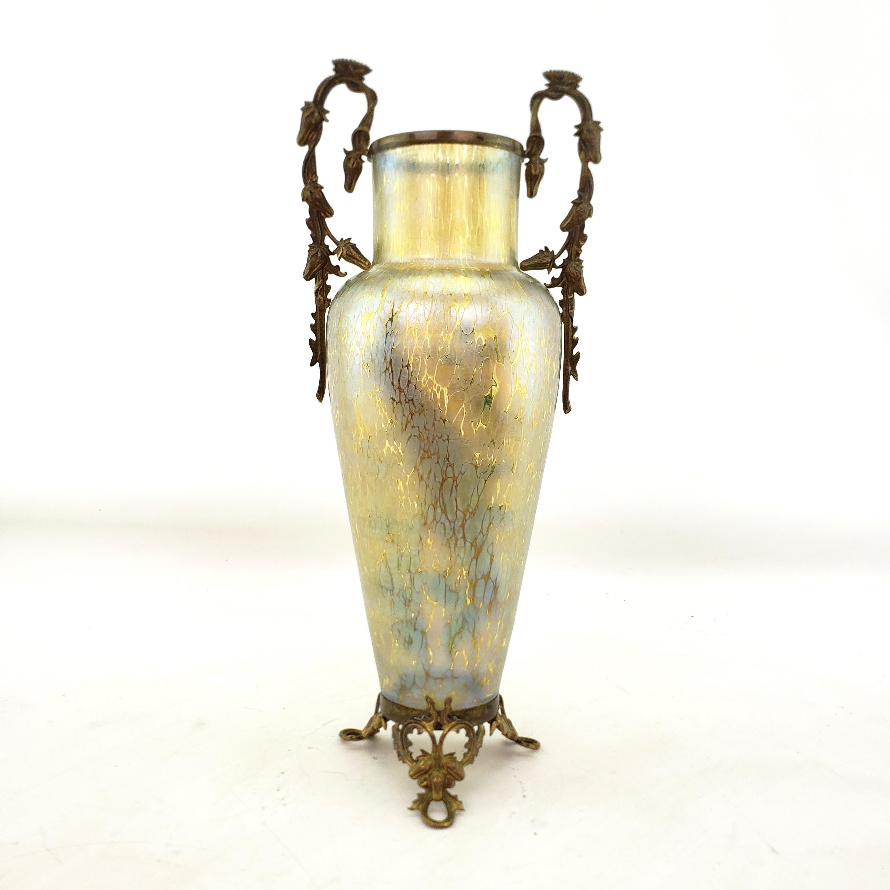 Gilt Large Antique Loetz Papillon Art Glass Vase with Enamel Peacock & Floral Decor For Sale