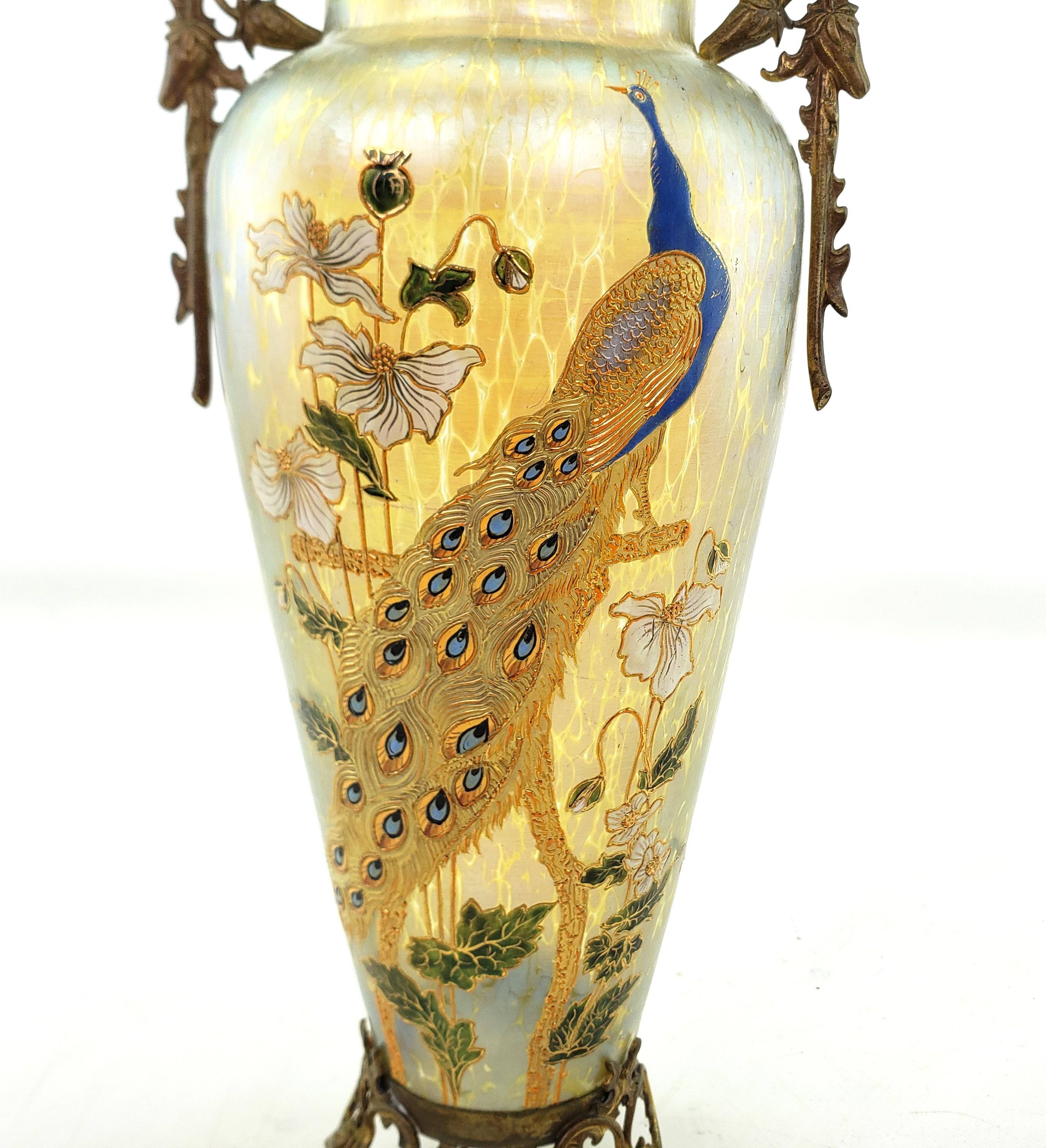 Large Antique Loetz Papillon Art Glass Vase with Enamel Peacock & Floral Decor For Sale 1