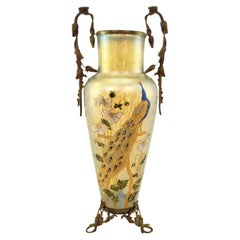 Large Antique Loetz Papillon Art Glass Vase with Enamel Peacock & Floral Decor