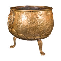 Grande cesto per tronchi antichi, ottone inglese, deposito di carbone decorativo per caminetto, Regenza
