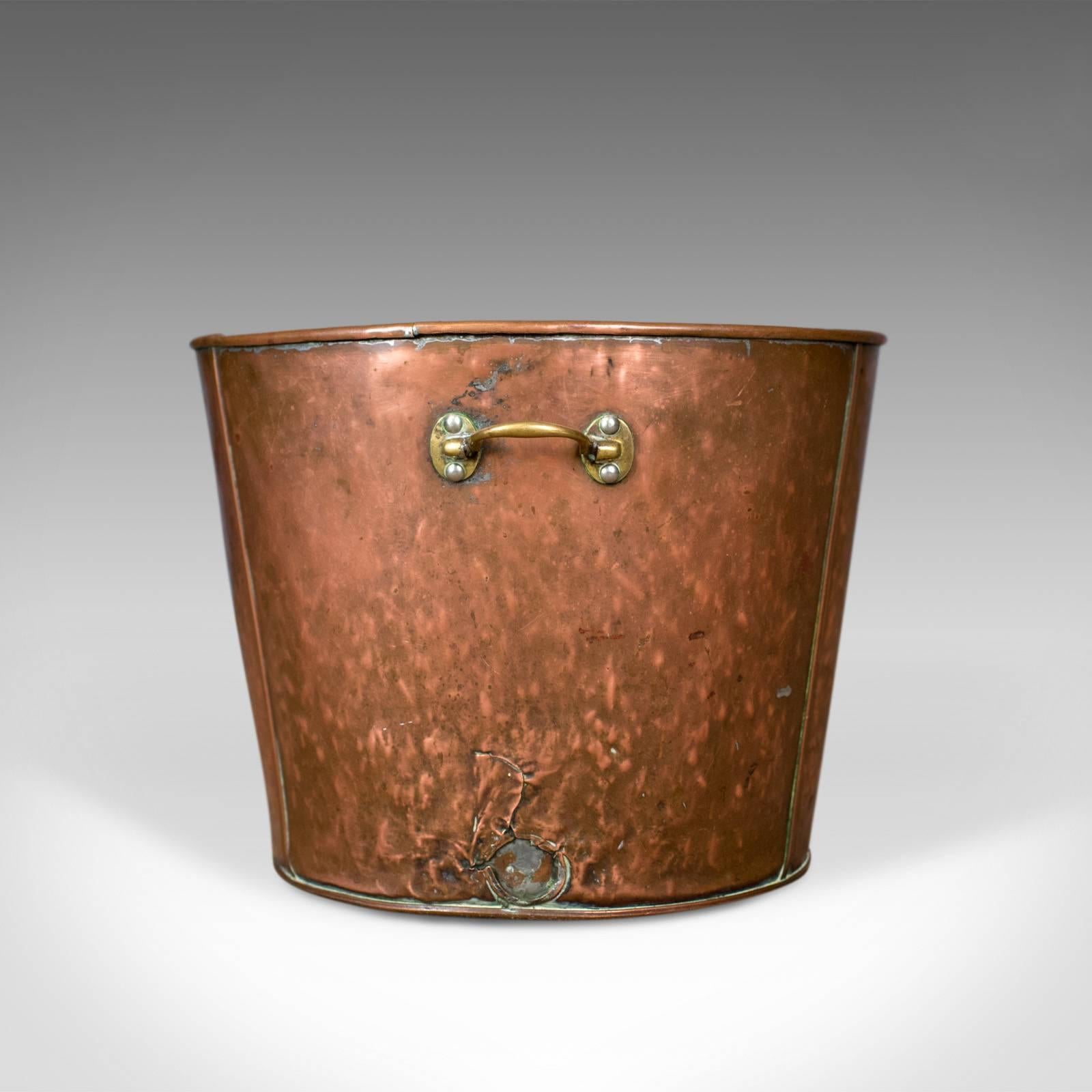 Victorian Large Antique Log Bin, English Fireside Scuttle, Coppered Finish, circa 1900