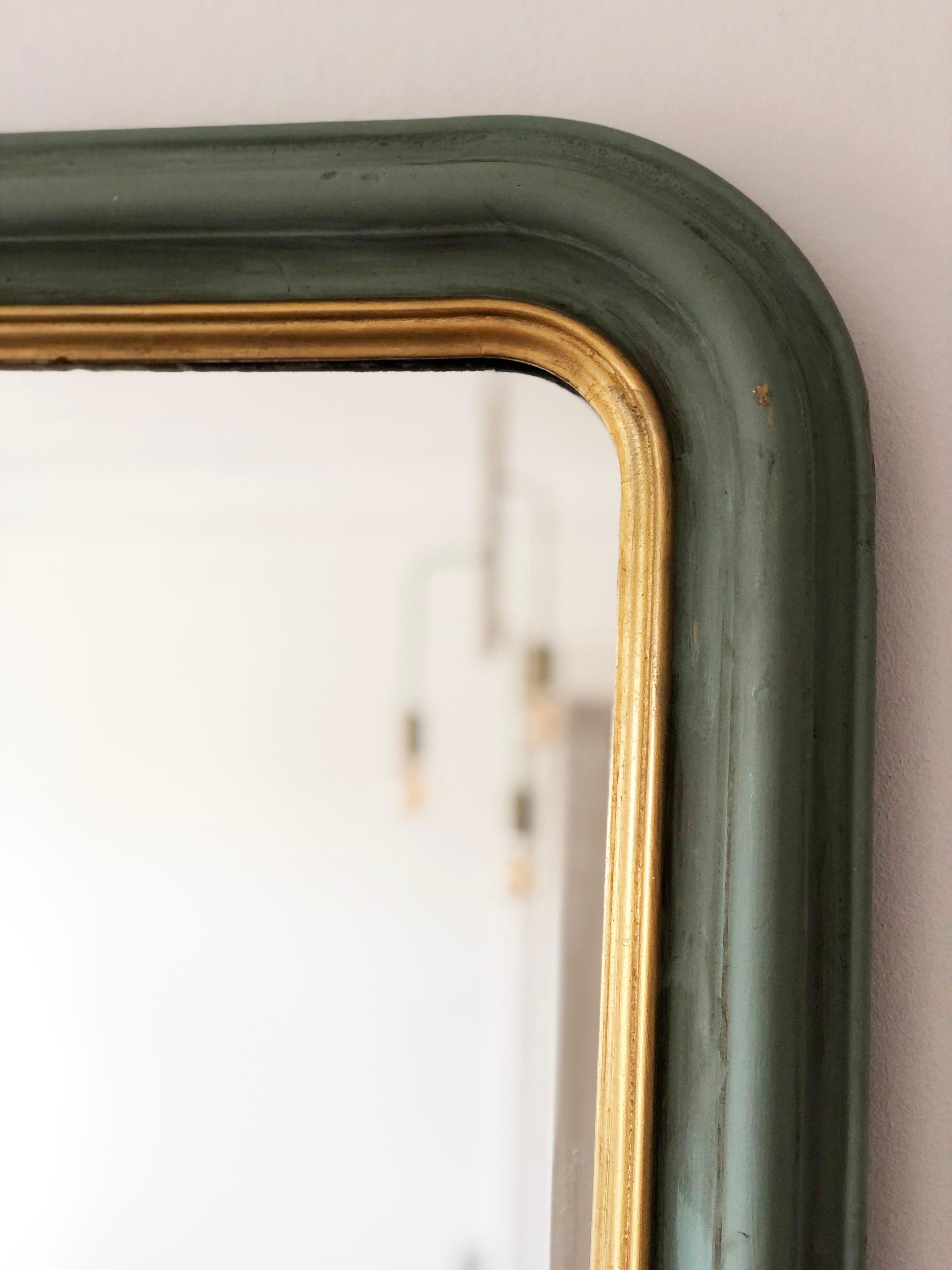 Sculpté à la main Large Antique Louis Philippe French Full length Mirror in Green and Gold, Late 1 en vente
