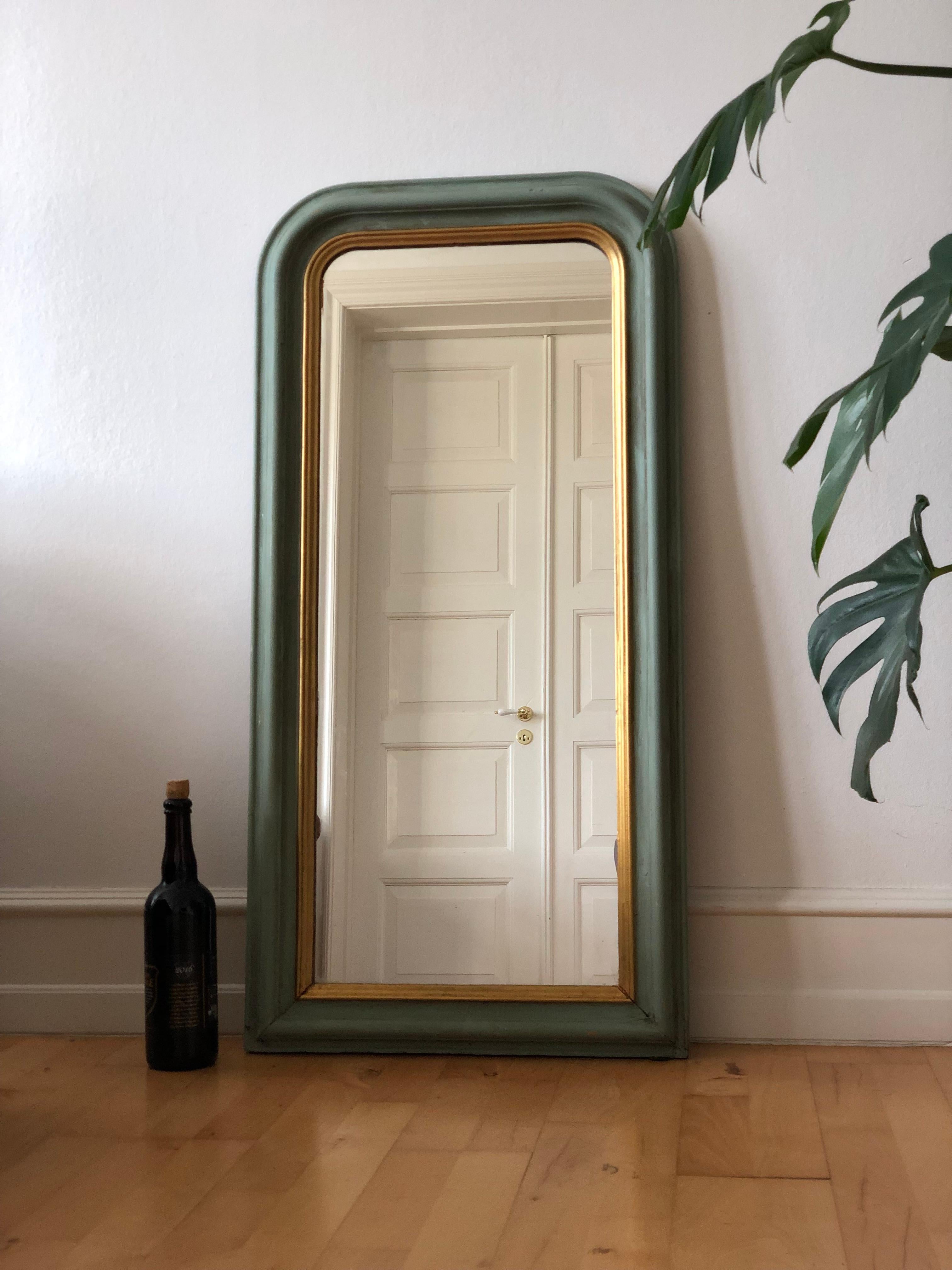 XIXe siècle Large Antique Louis Philippe French Full length Mirror in Green and Gold, Late 1 en vente
