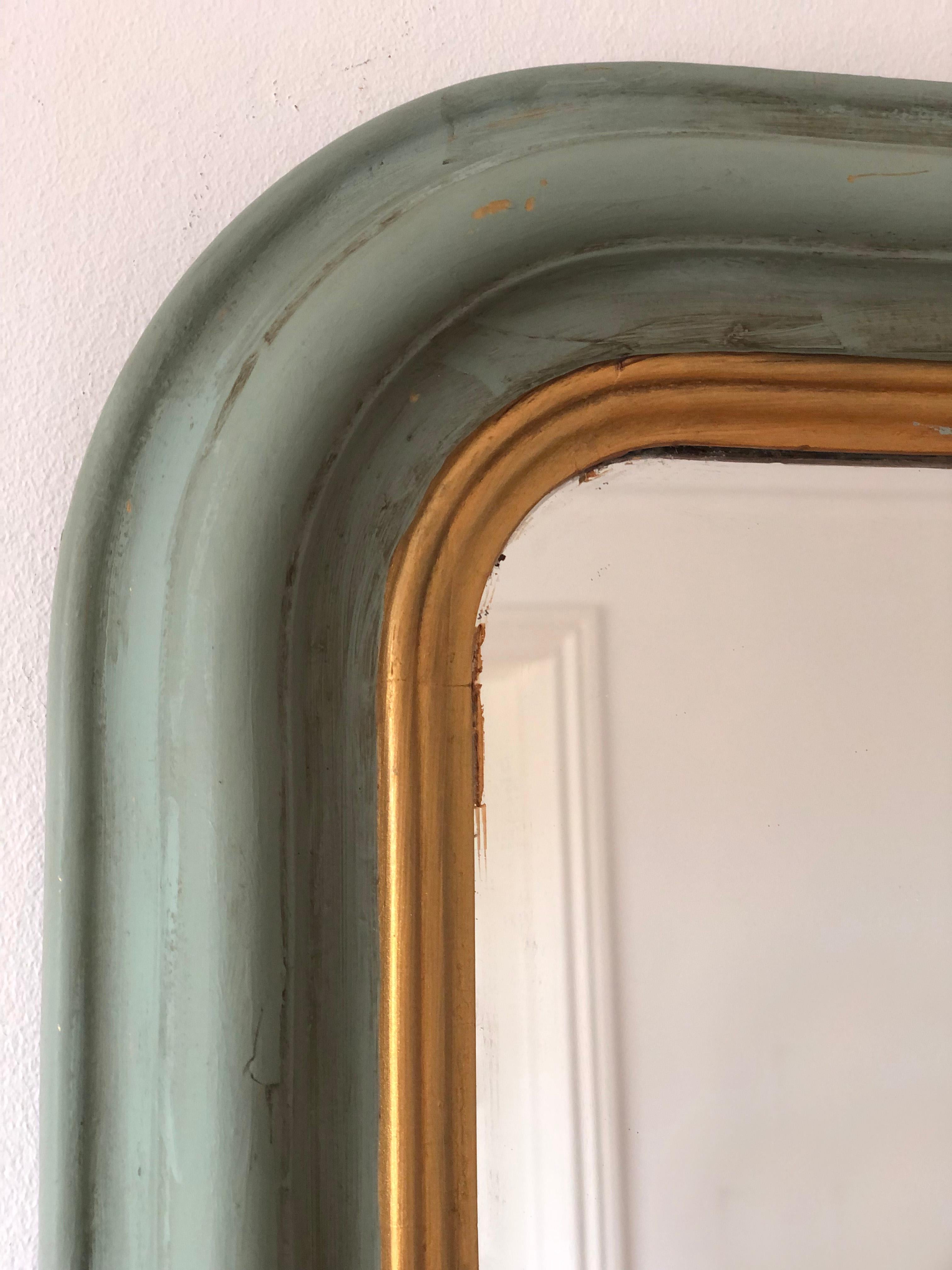 Miroir Large Antique Louis Philippe French Full length Mirror in Green and Gold, Late 1 en vente