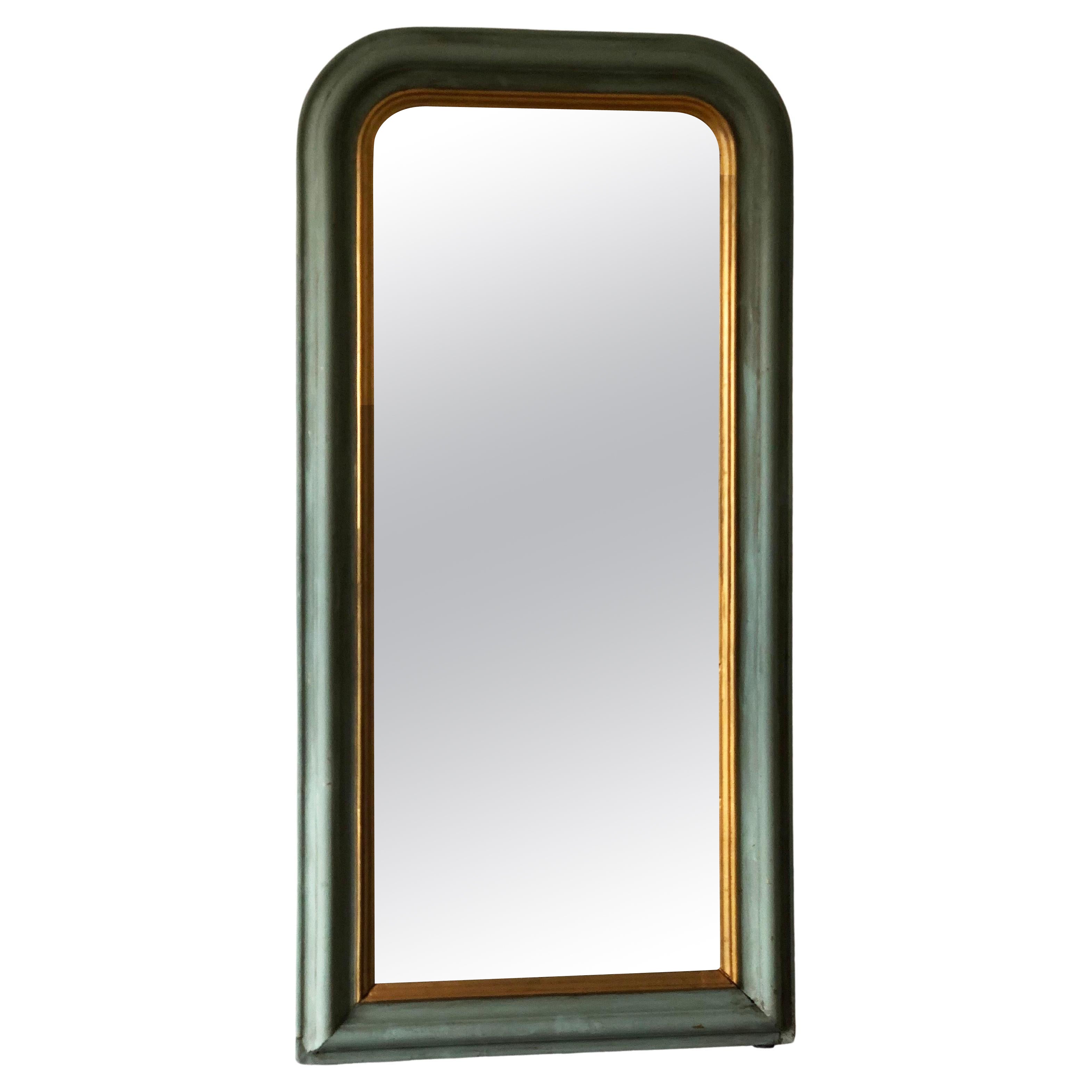 Large Antique Louis Philippe French Full length Mirror in Green and Gold, Late 1