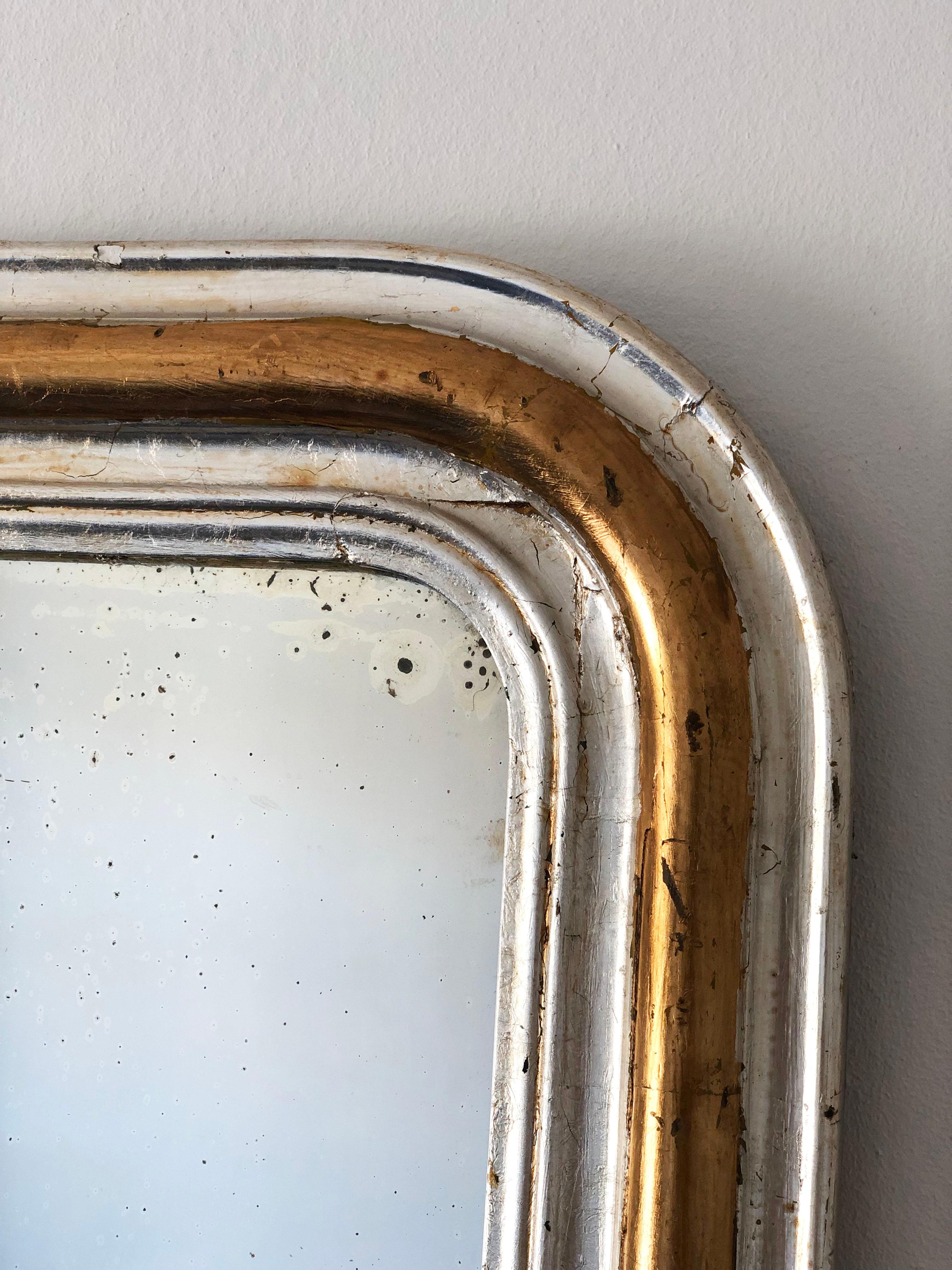 Hand-Carved Large Antique Louis Philippe French Giltwood Mirror in Silver and Gold, 19th Cen For Sale