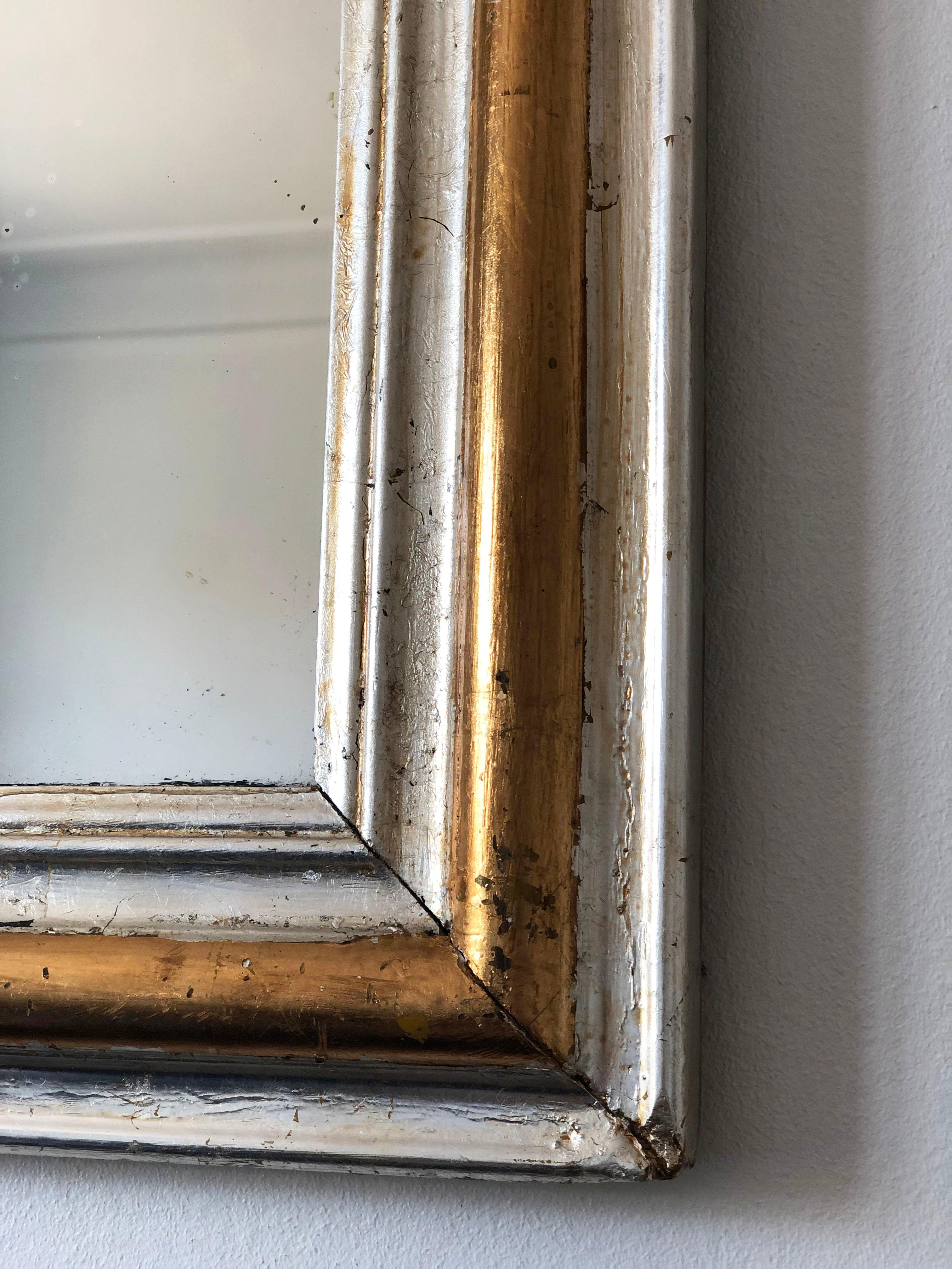 19th Century Large Antique Louis Philippe French Giltwood Mirror in Silver and Gold, 19th Cen For Sale