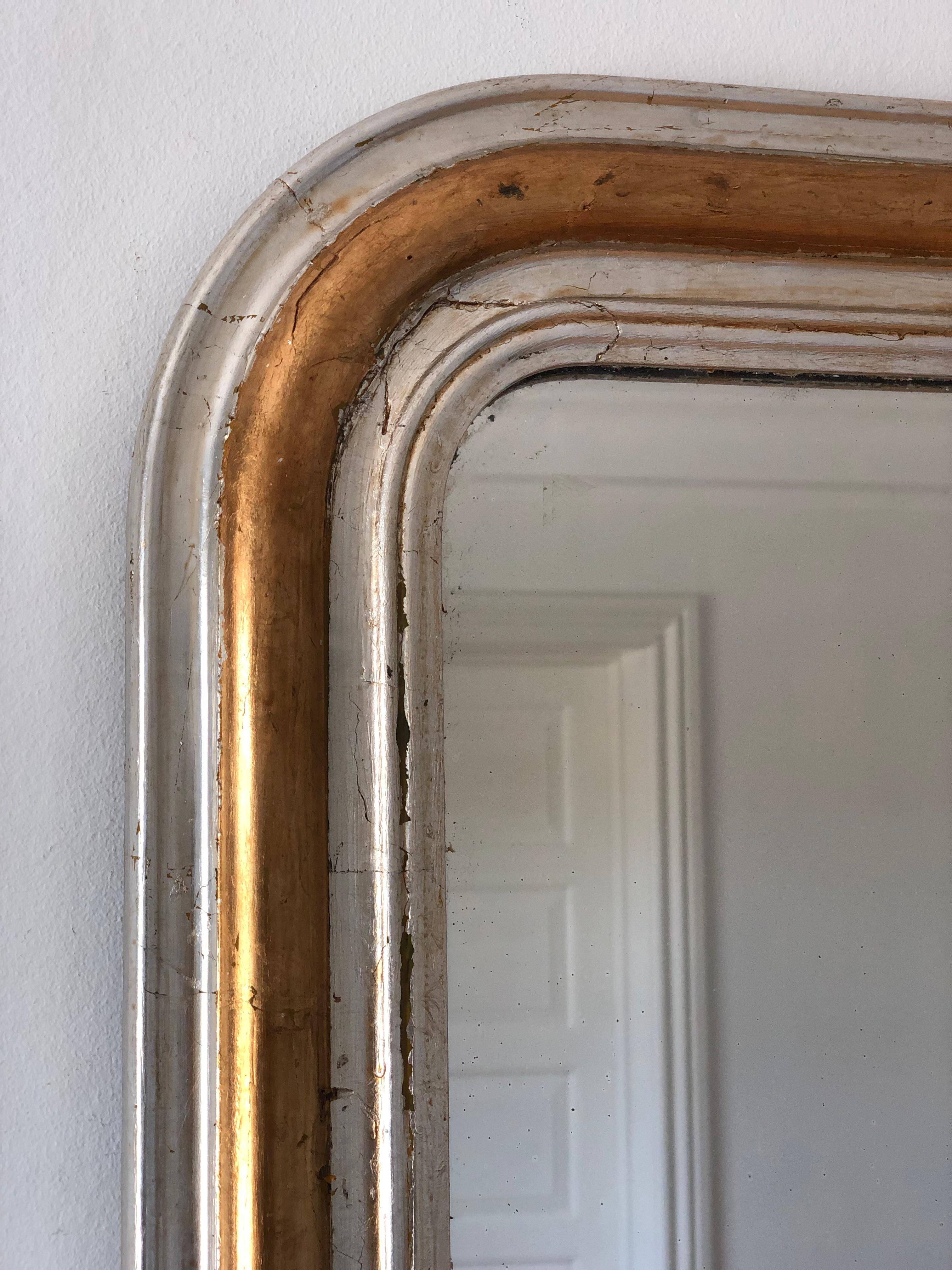 Large Antique Louis Philippe French Giltwood Mirror in Silver and Gold, 19th Cen For Sale 1
