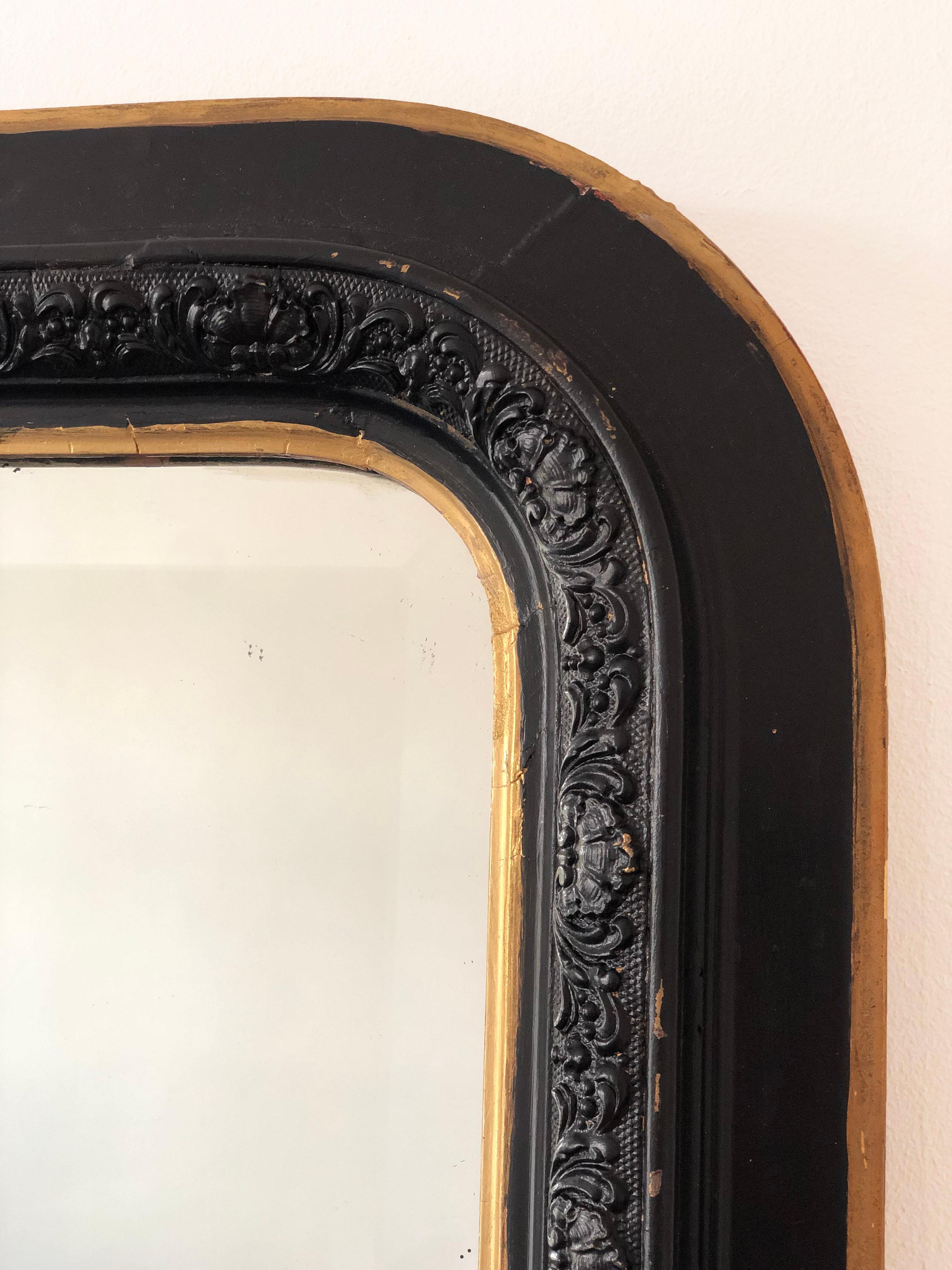 Gilt Large Antique Louis Philippe French Mirror in Black and Gold, Late 19th Century For Sale