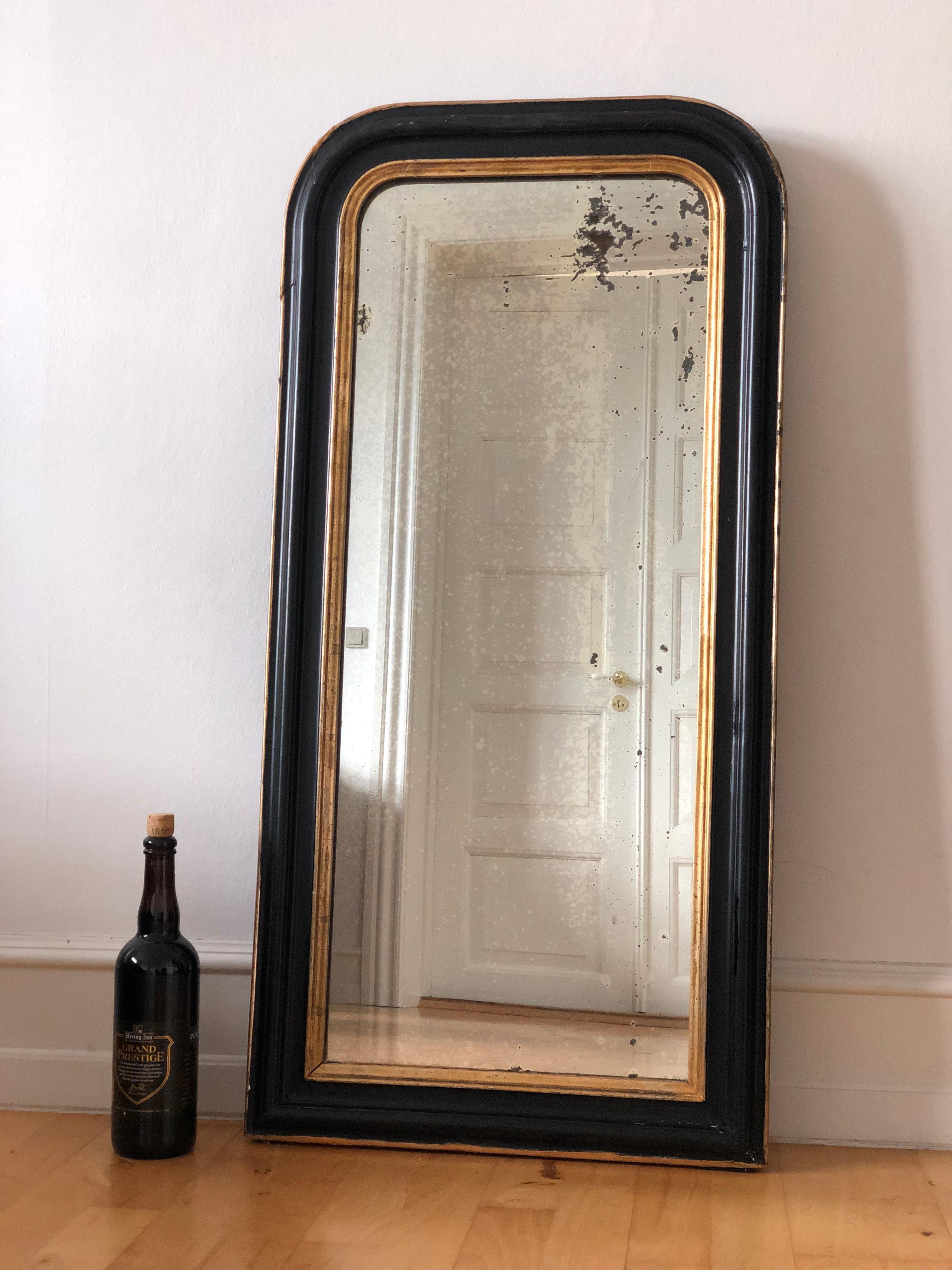 Mercury Glass Large Antique Louis Philippe French Mirror in Black and Gold, Late 19th Century For Sale