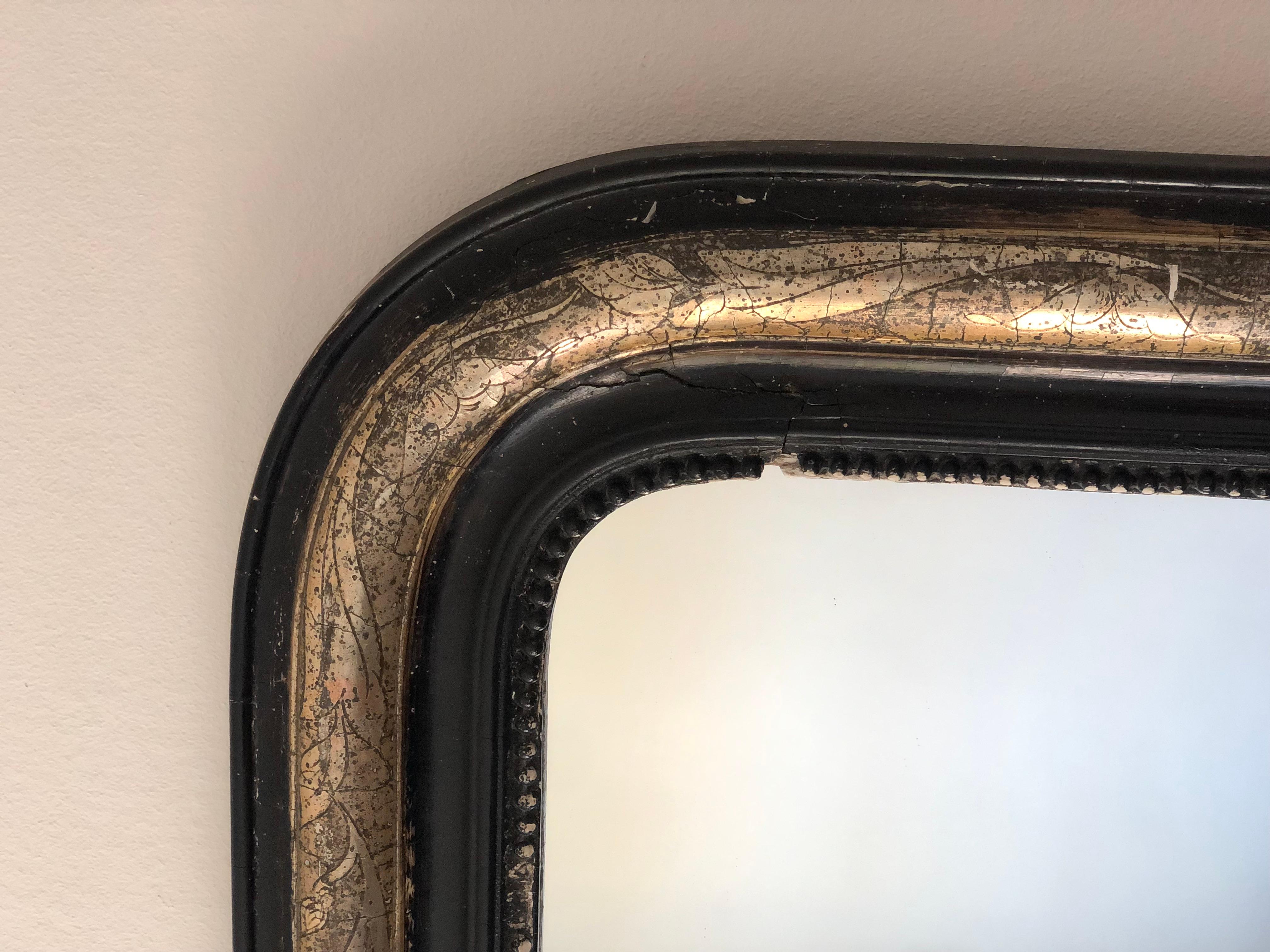 Specchio Grande Antique Mirror francese Louis Philippe in nero e argento Fine XIX secolo in vendita