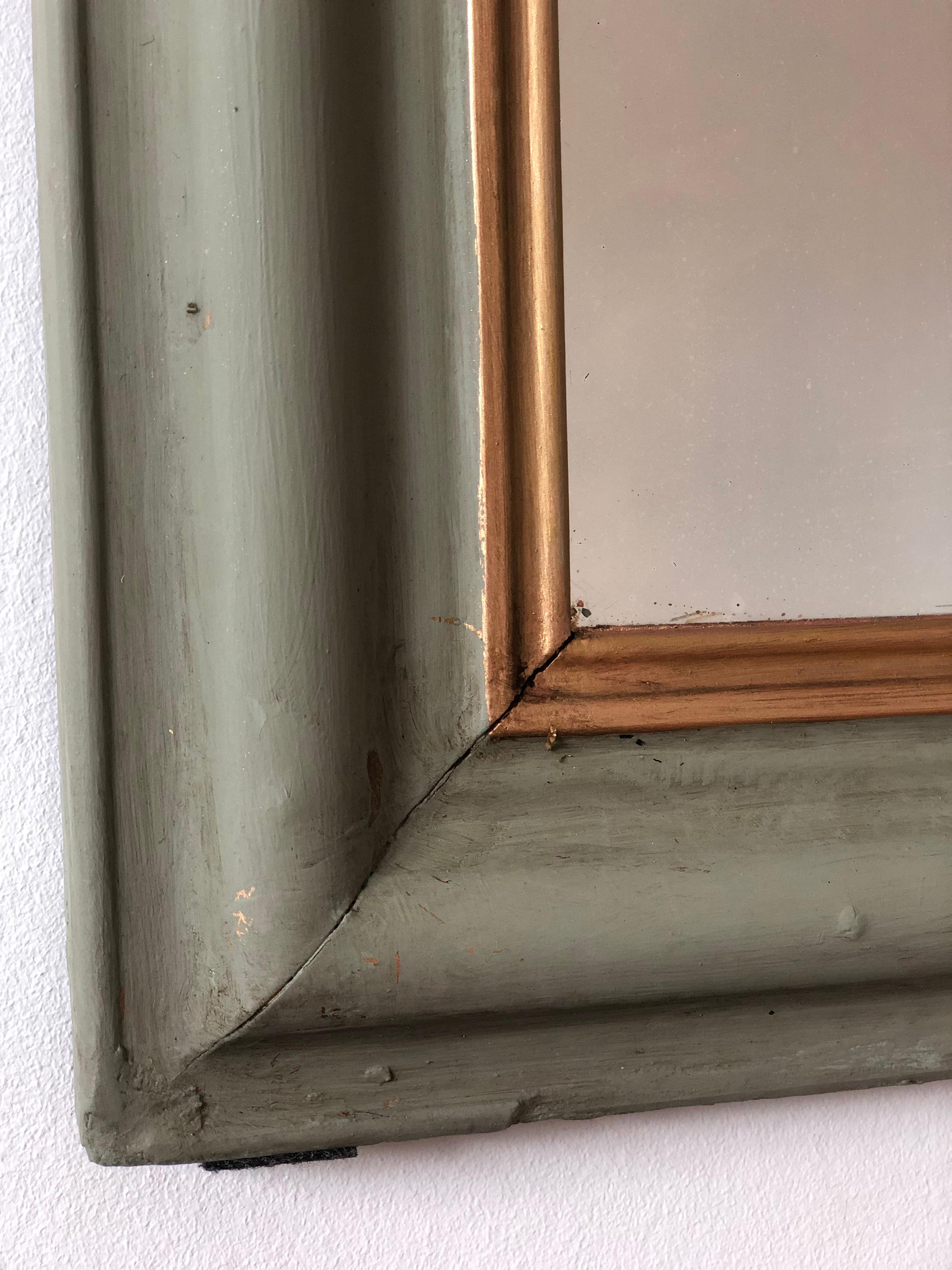 Mercury Glass Large Antique Louis Philippe French Mirror in Green and Gold, Late 19th Century For Sale
