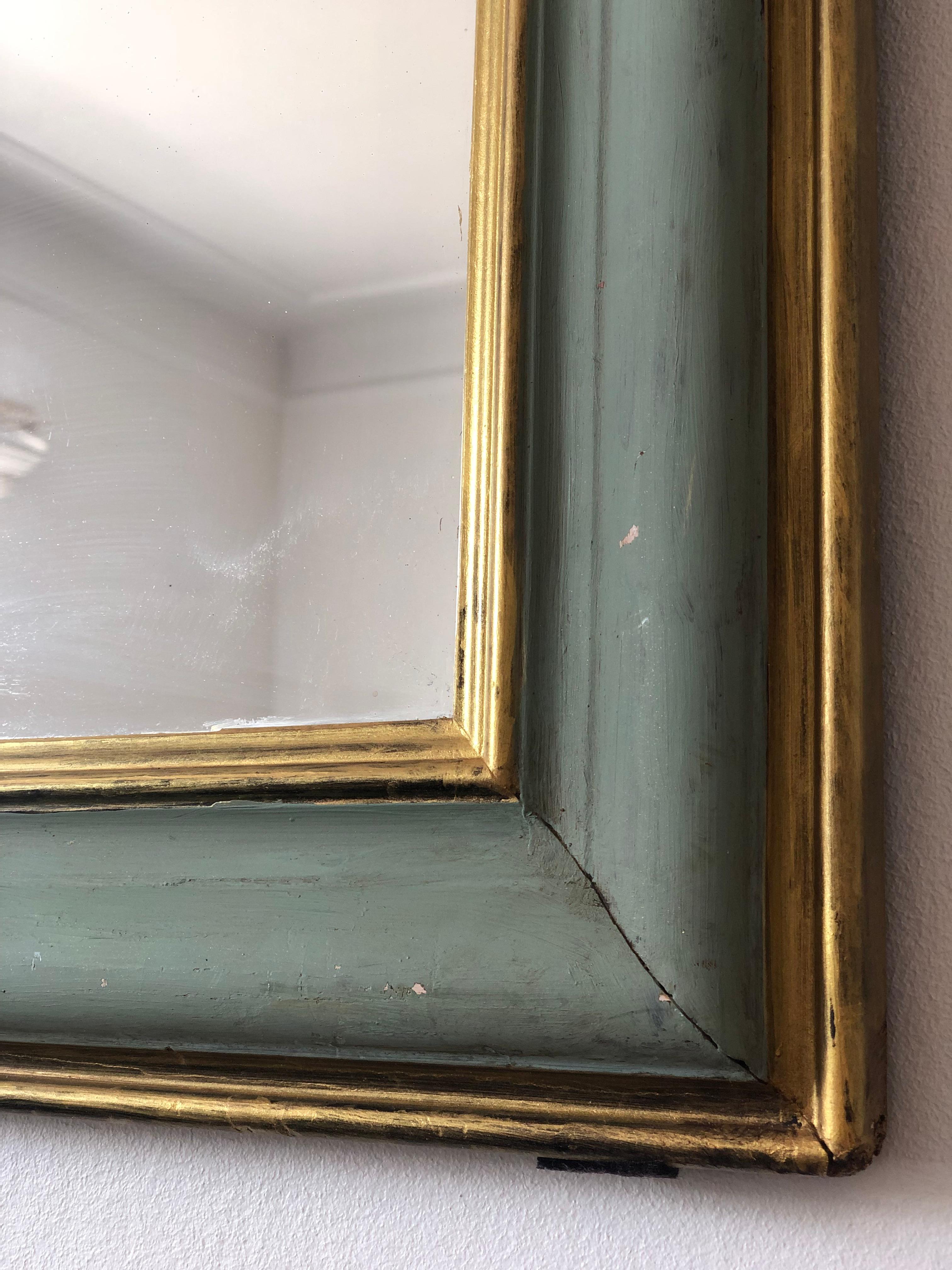 Mercury Glass Large Antique Louis Philippe French Mirror in Green and Gold, Late 19th Century For Sale