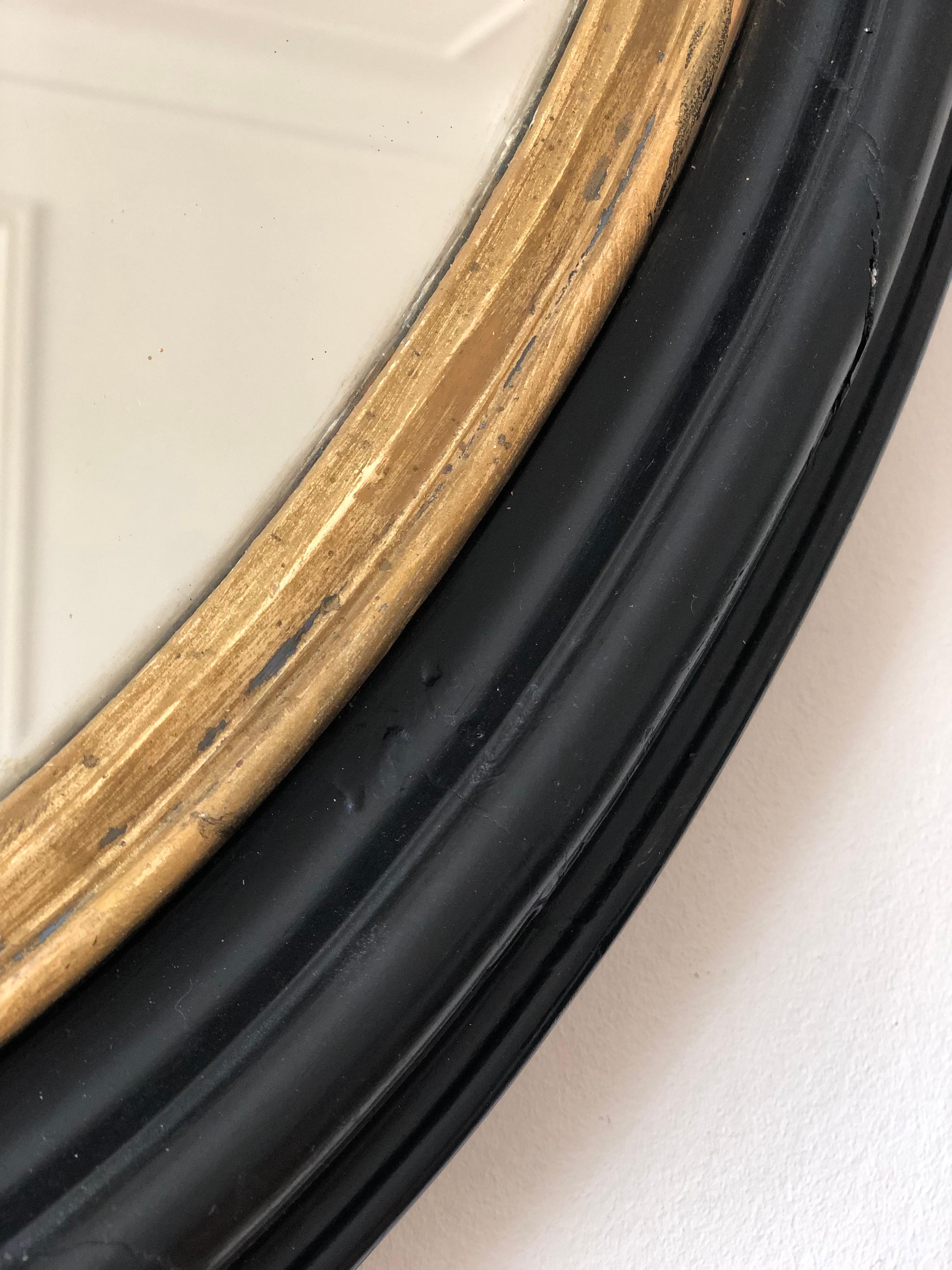 Large Antique Louis Philippe French Oval Mirror in Black and Gold, 19th Century For Sale 1