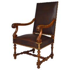 Large Antique Louis XIII Style Leather Armchair in Carved Walnut, circa 1860