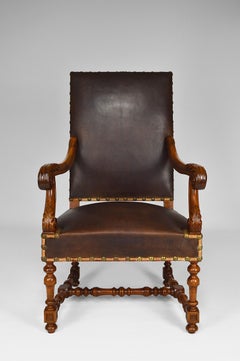 Large Antique Louis XIII Style Leather Armchair in Carved Walnut, circa 1860