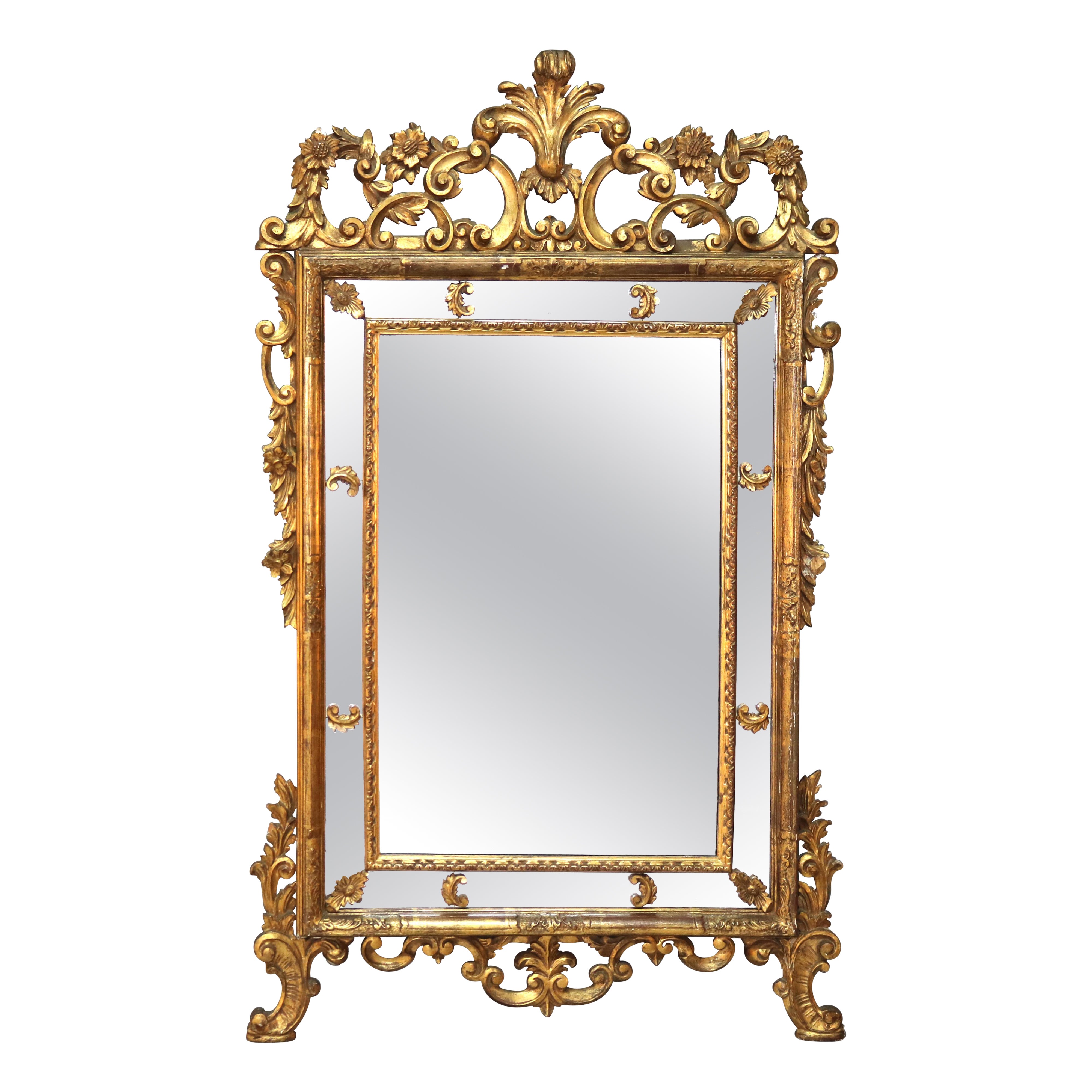 Large Antique Louis XIV Style Giltwood Parclose Foliate Form Wall Mirror C1920