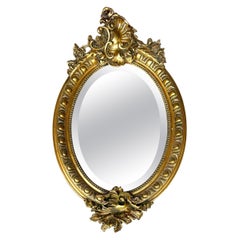 Large Antique Louis XV Oval Giltwood Carved Beveled Mirror
