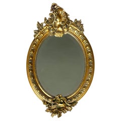 Large Antique Louis XV Oval Giltwood Carved Beveled Mirror