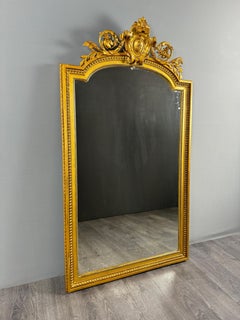 Large Antique Louis XVI Style Giltwood Mirror with Sculpted Pediment