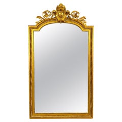 Large Antique Louis XVI Style Giltwood Mirror with Sculpted Pediment