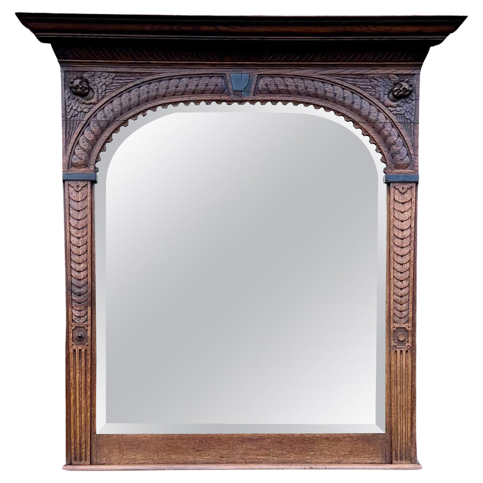 Large Antique Magnificently Carved Renaissance Revival Wall Mirror with Angels