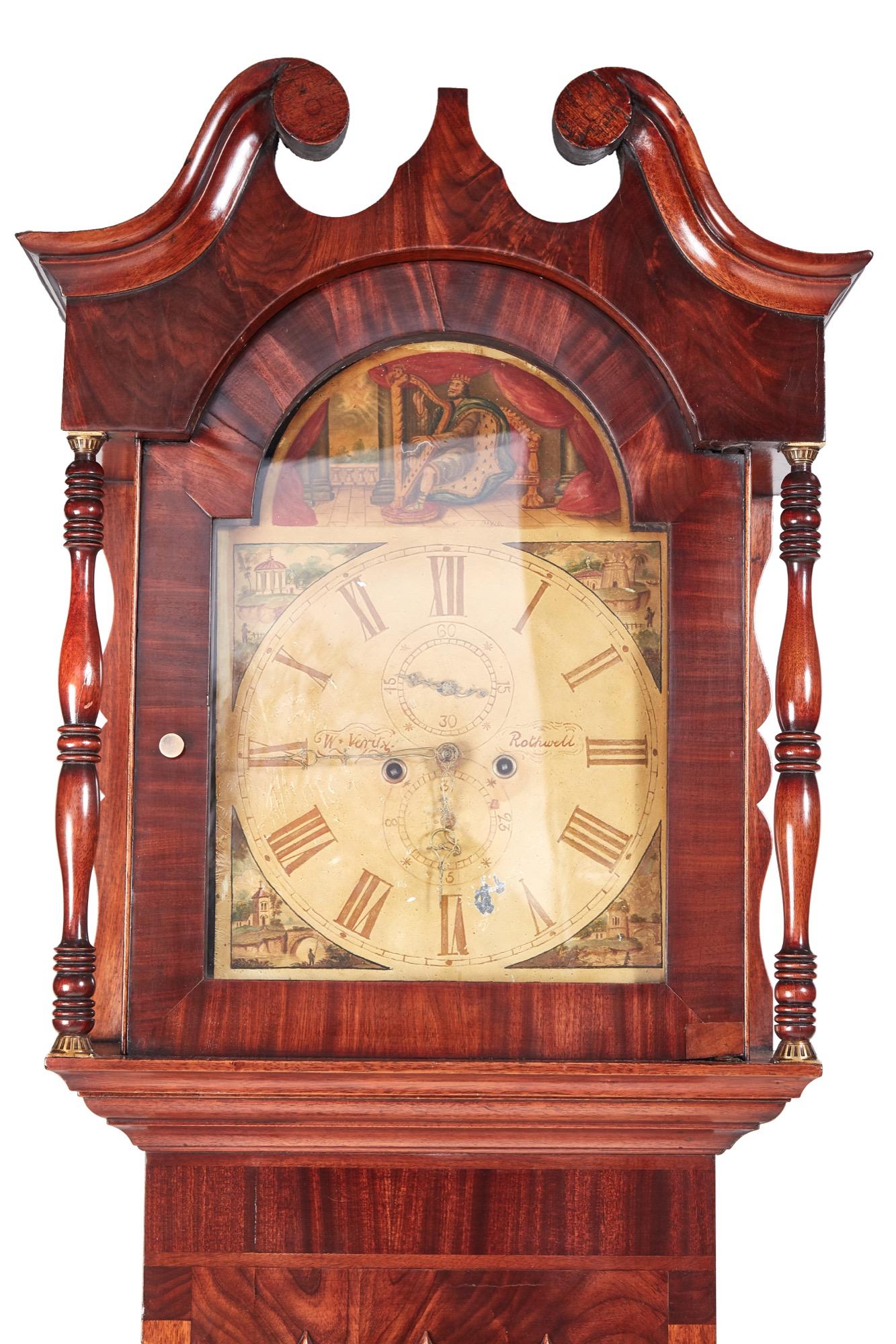 English Large Antique Mahogany 8 Day Painted Face Longcase Clock For Sale