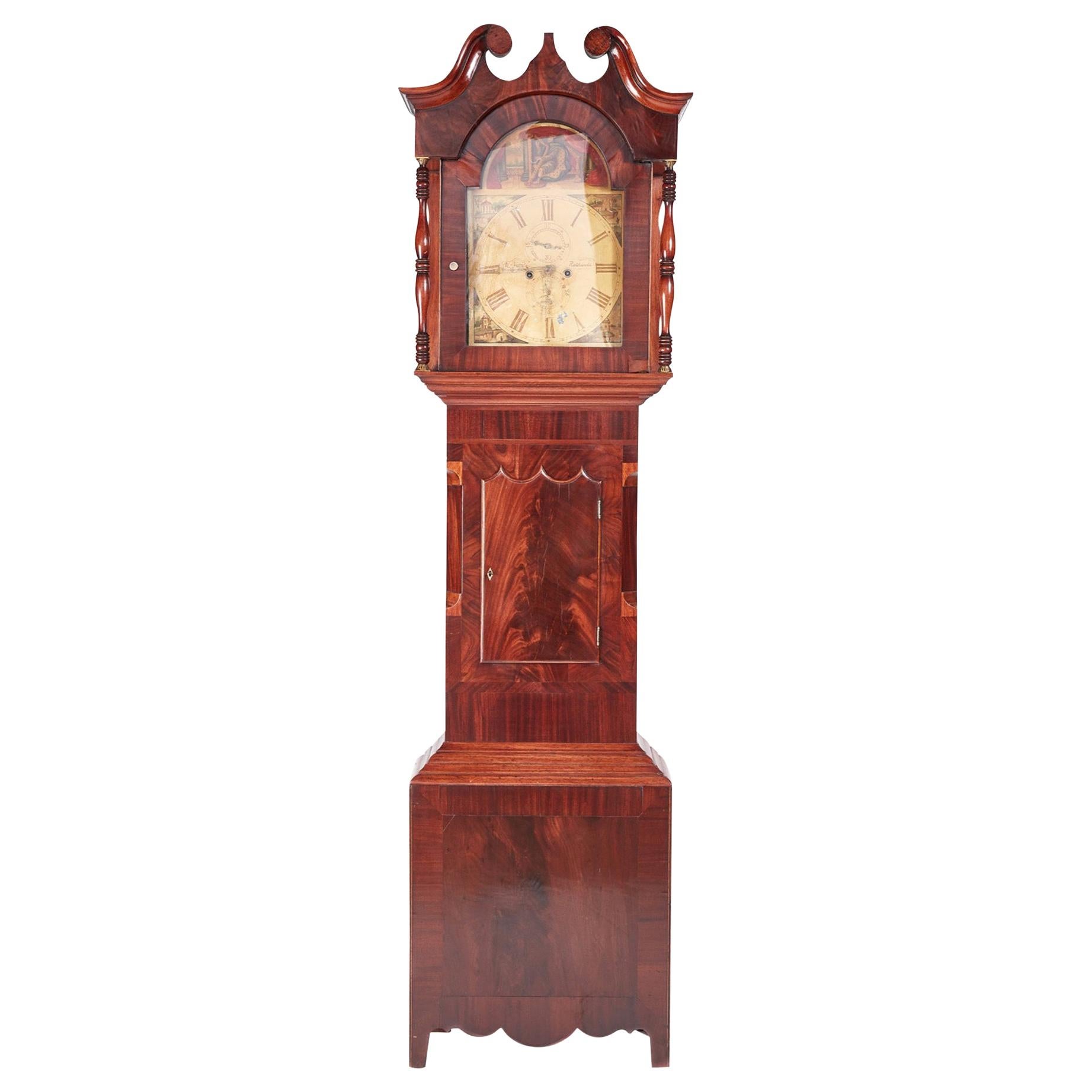 Gran Reloj Antiguo de Caoba de 8 Días de Cara Pintada de Caja Larga en venta
