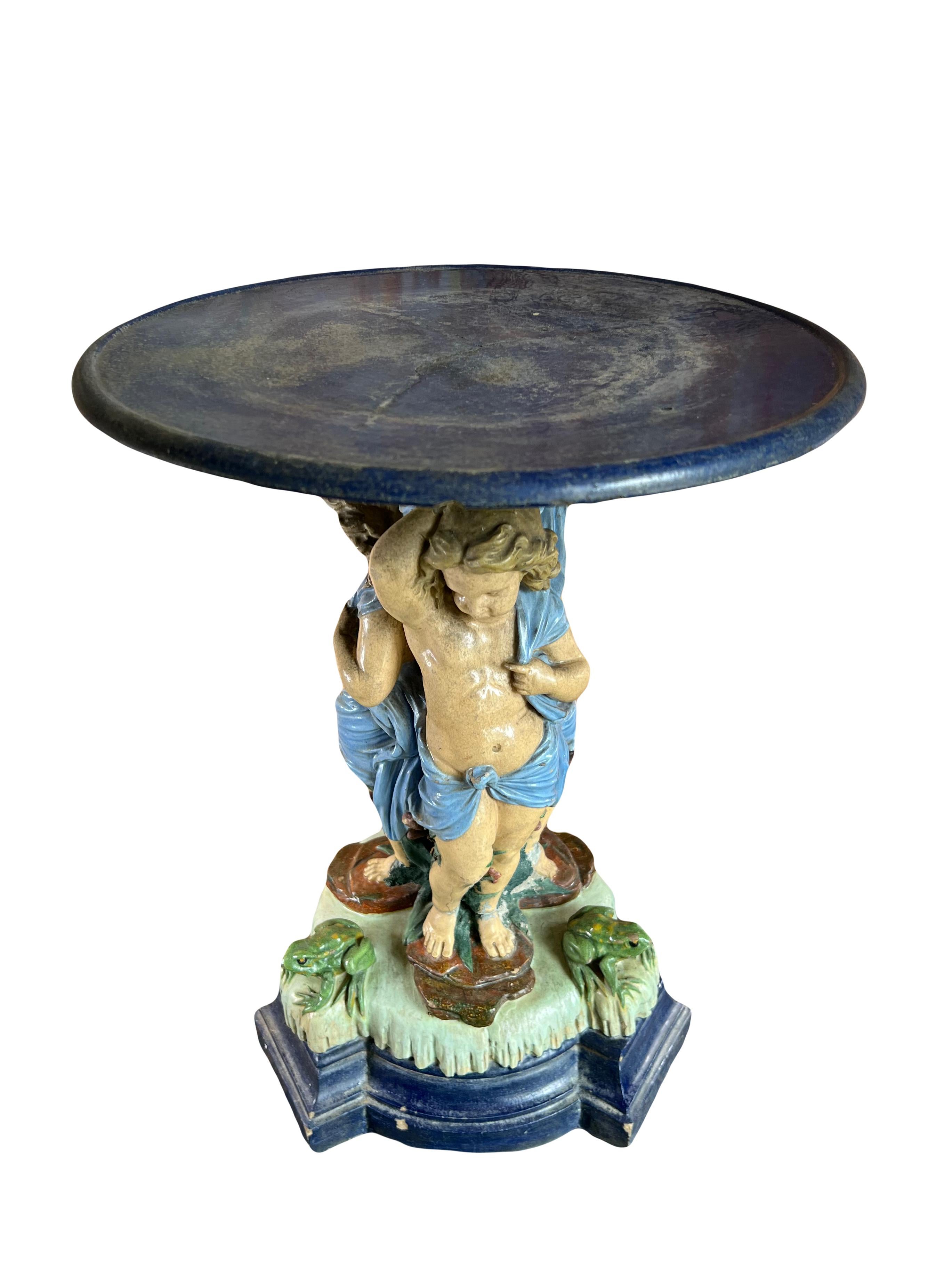 Large antique majolica centerpiece with putti and frog 19th For Sale 3
