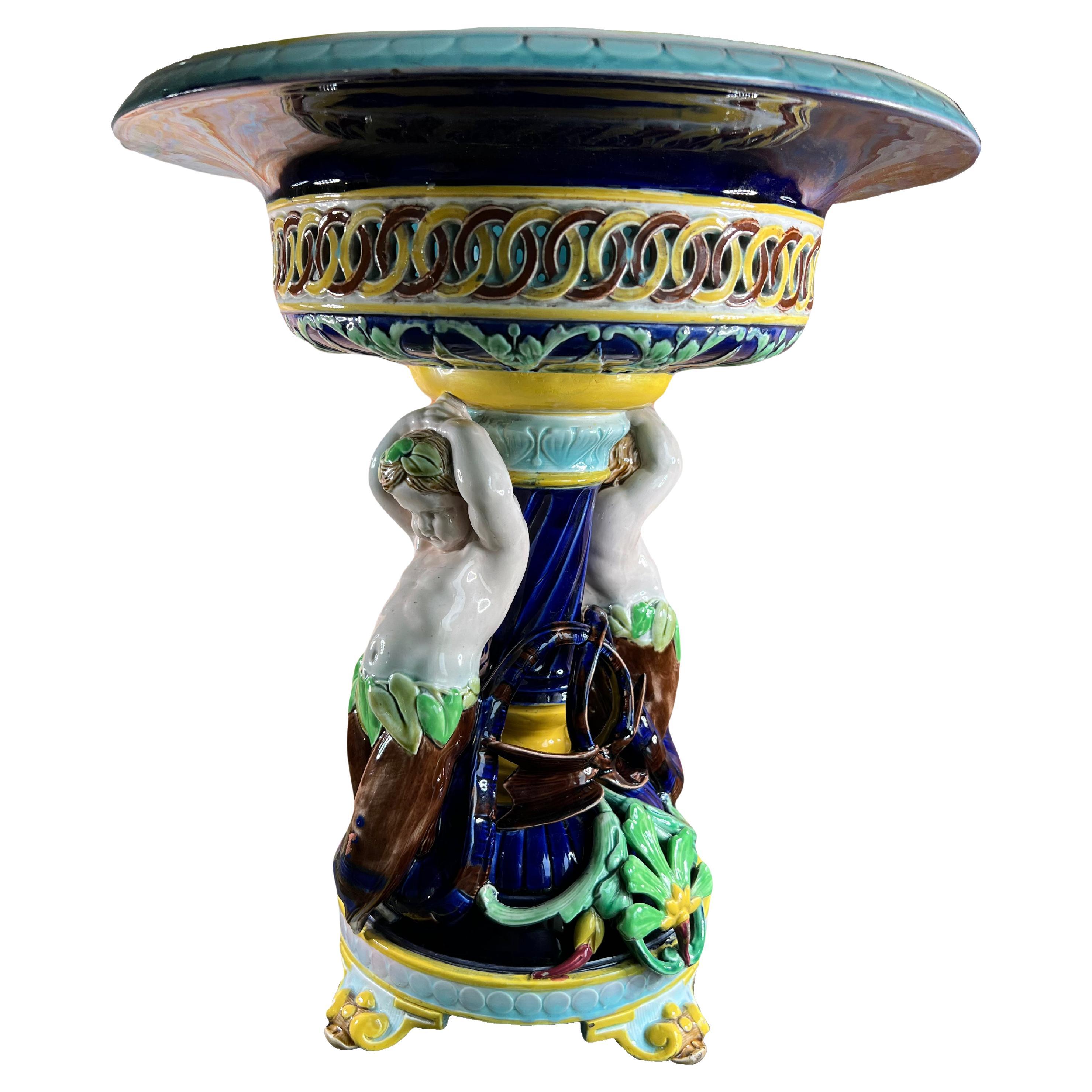 Large antique majolica centerpiece with putti from Sarreguemines France, 19th