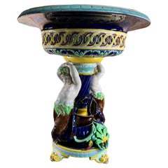 Large antique majolica centerpiece with putti from Sarreguemines France, 19th