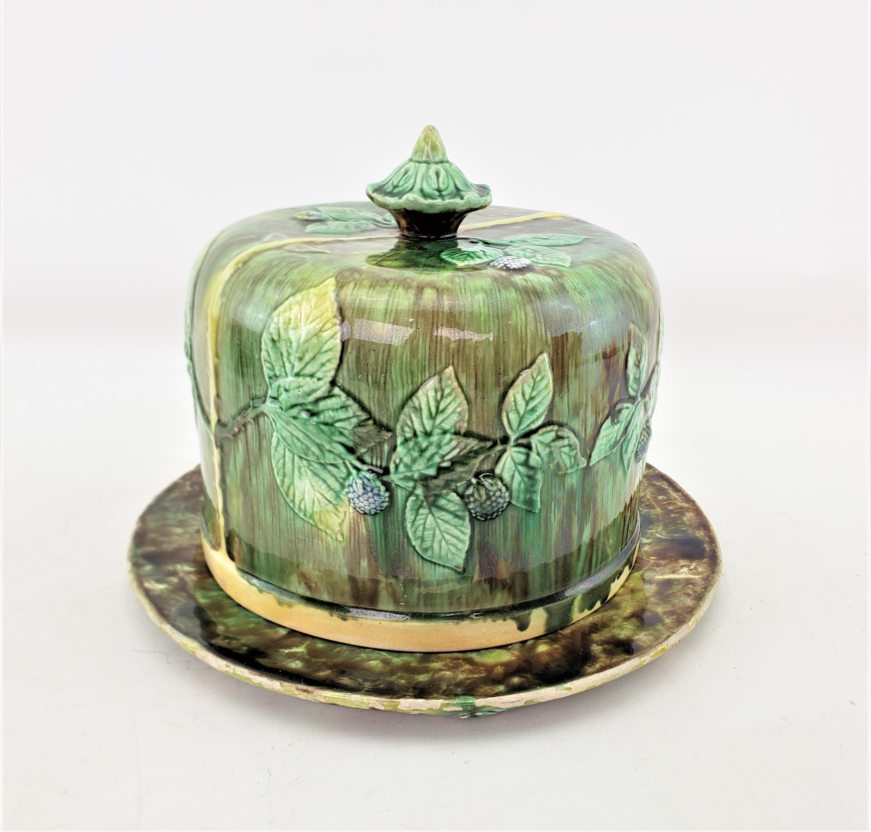 Victorian Large Antique Majolica Covered Cheese Server or Dome with Leaf & Berry Decor For Sale
