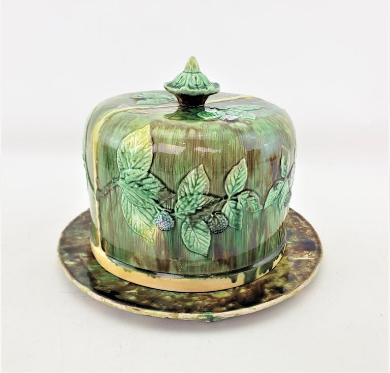 Large Antique Majolica Covered Cheese Server or Dome with Leaf and