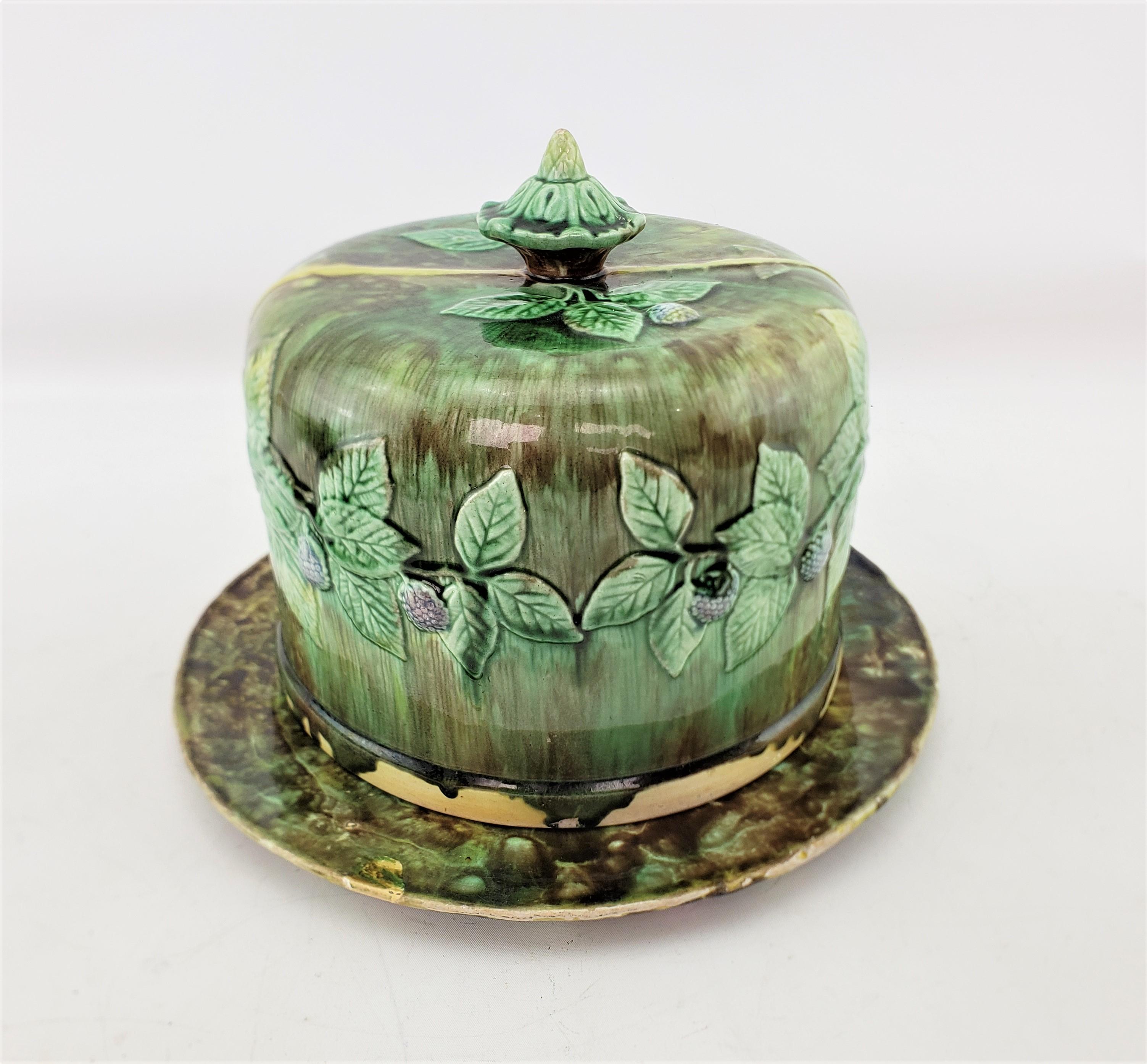 19th Century Large Antique Majolica Covered Cheese Server or Dome with Leaf & Berry Decor For Sale
