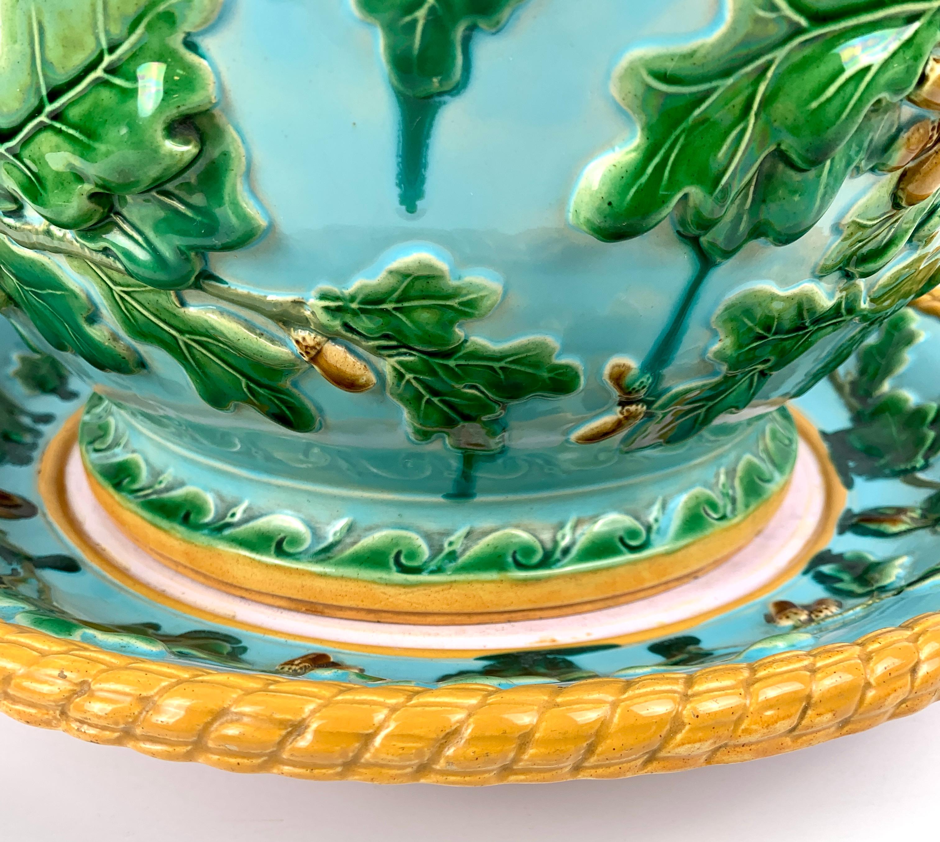 Arts and Crafts Large Antique Majolica Planter Made Circa 1880 Turquoise Ground & Green Leaves For Sale