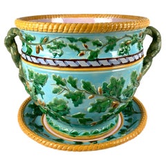 Large Antique Majolica Planter Made Circa 1880 Turquoise Ground & Green Leaves
