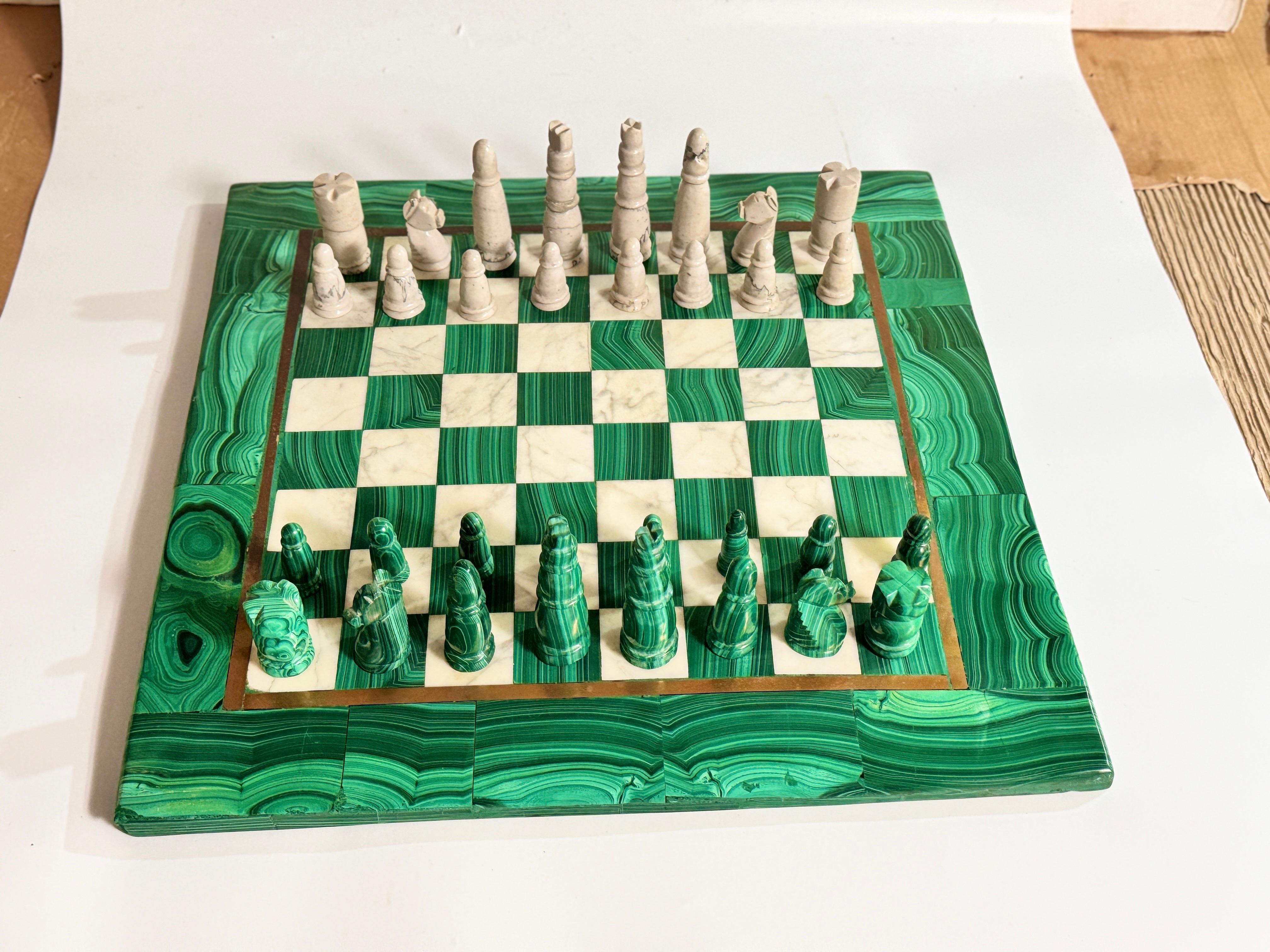 Large Antique Malachite & Carrara Marble Chess Board Early 20th Century For Sale 6