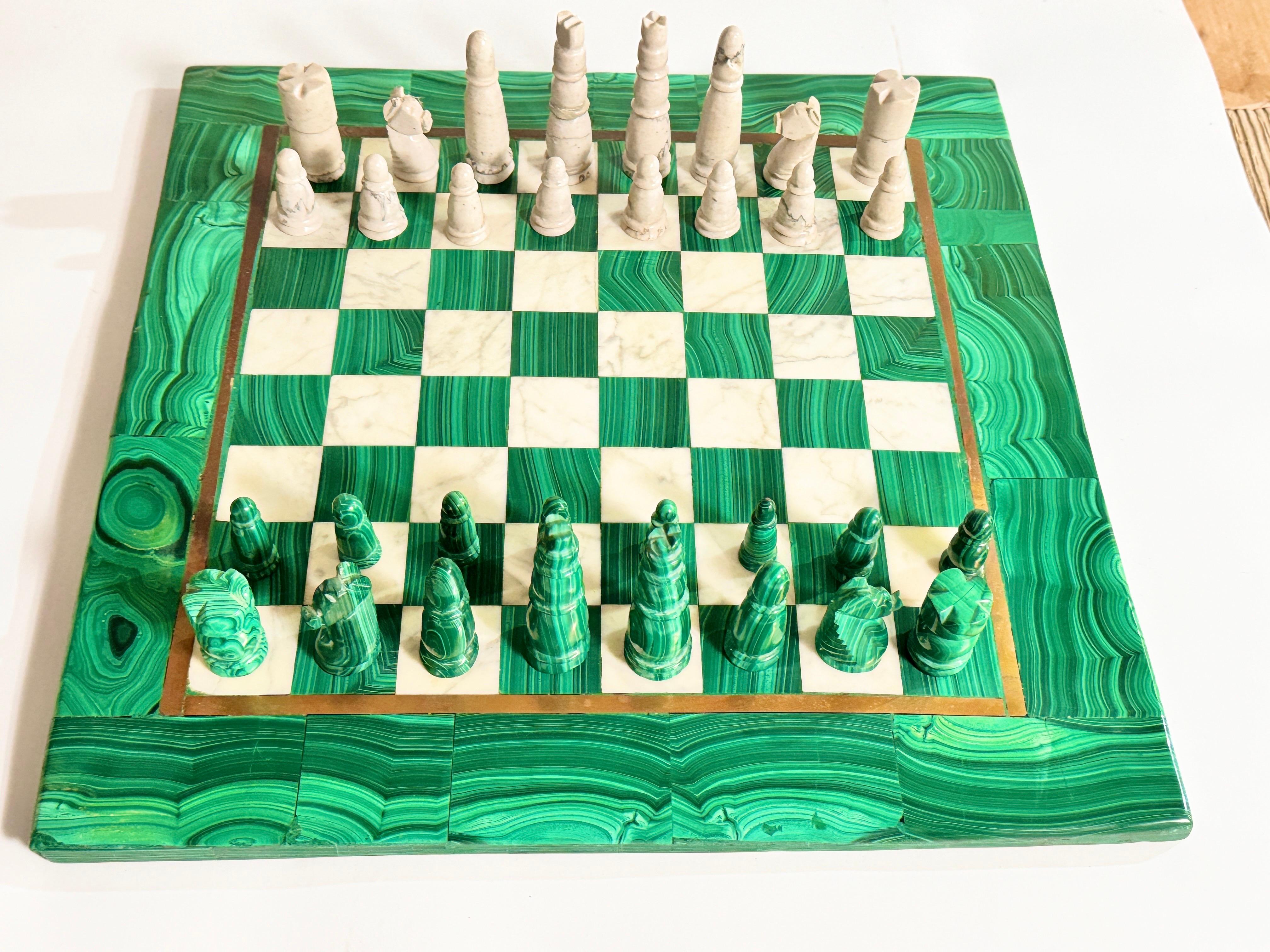 Large Antique Malachite & Carrara Marble Chess Board Early 20th Century For Sale 7