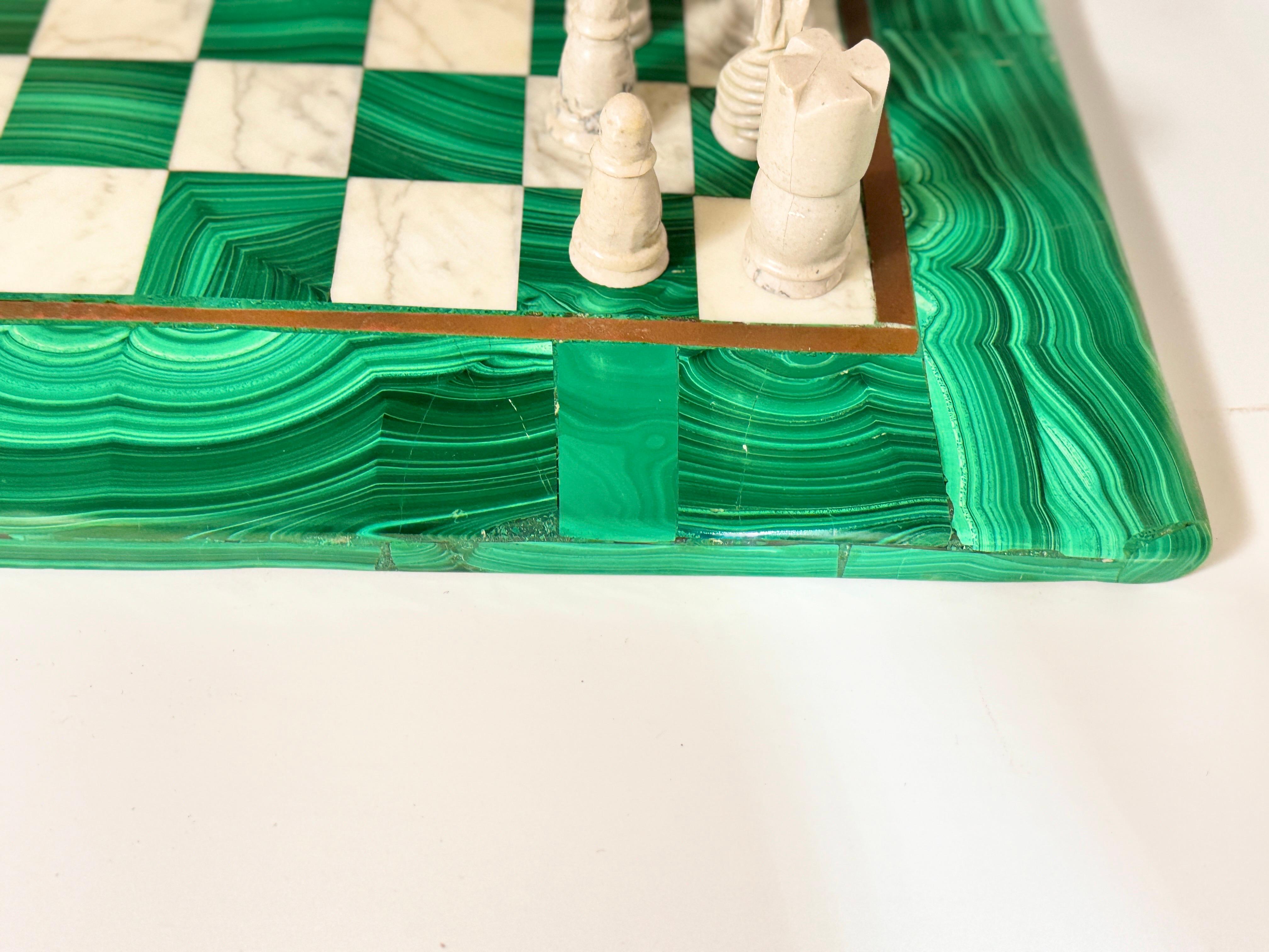French Large Antique Malachite & Carrara Marble Chess Board Early 20th Century For Sale