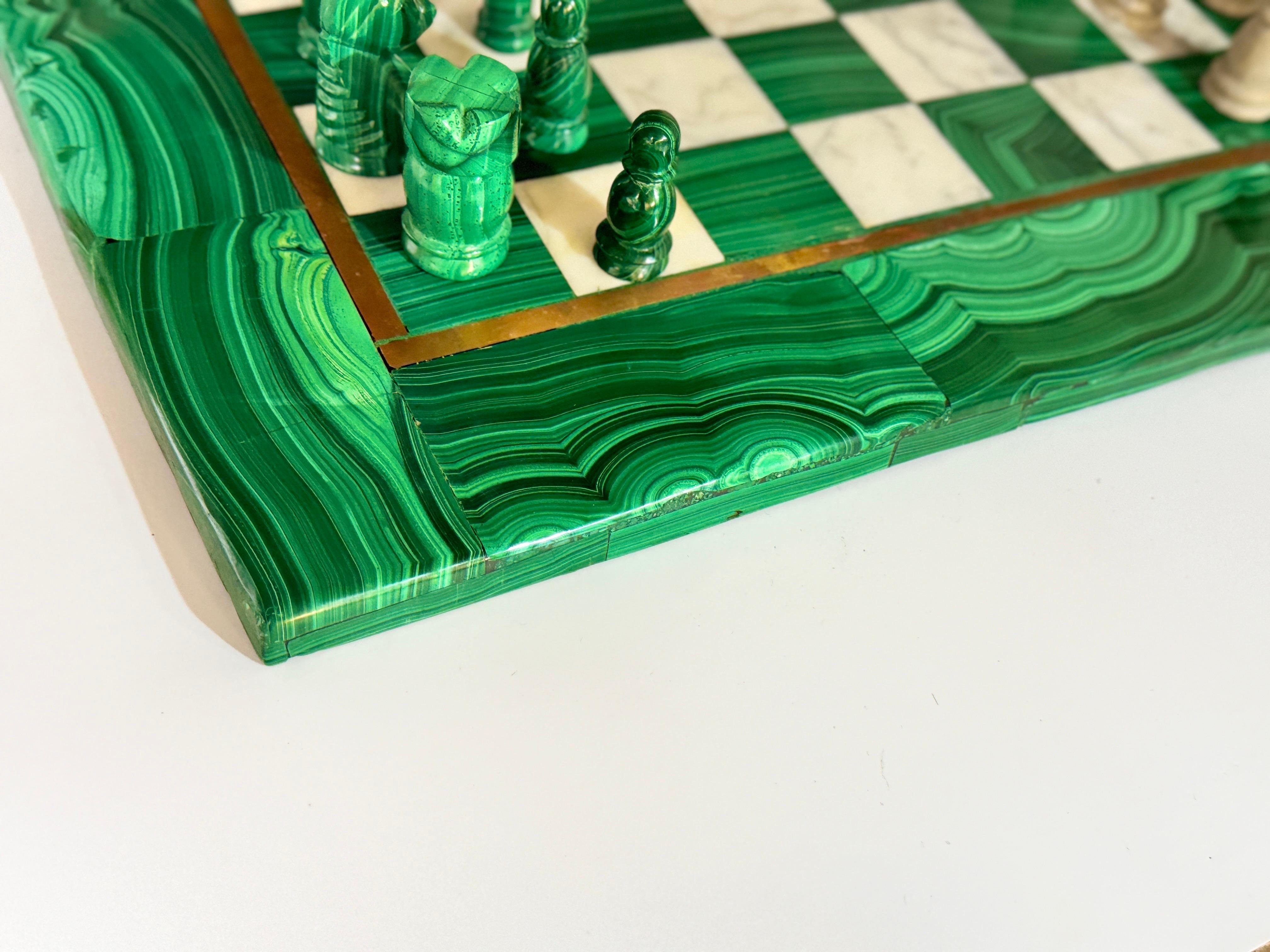Large Antique Malachite & Carrara Marble Chess Board Early 20th Century In Good Condition For Sale In Auribeau sur Siagne, FR