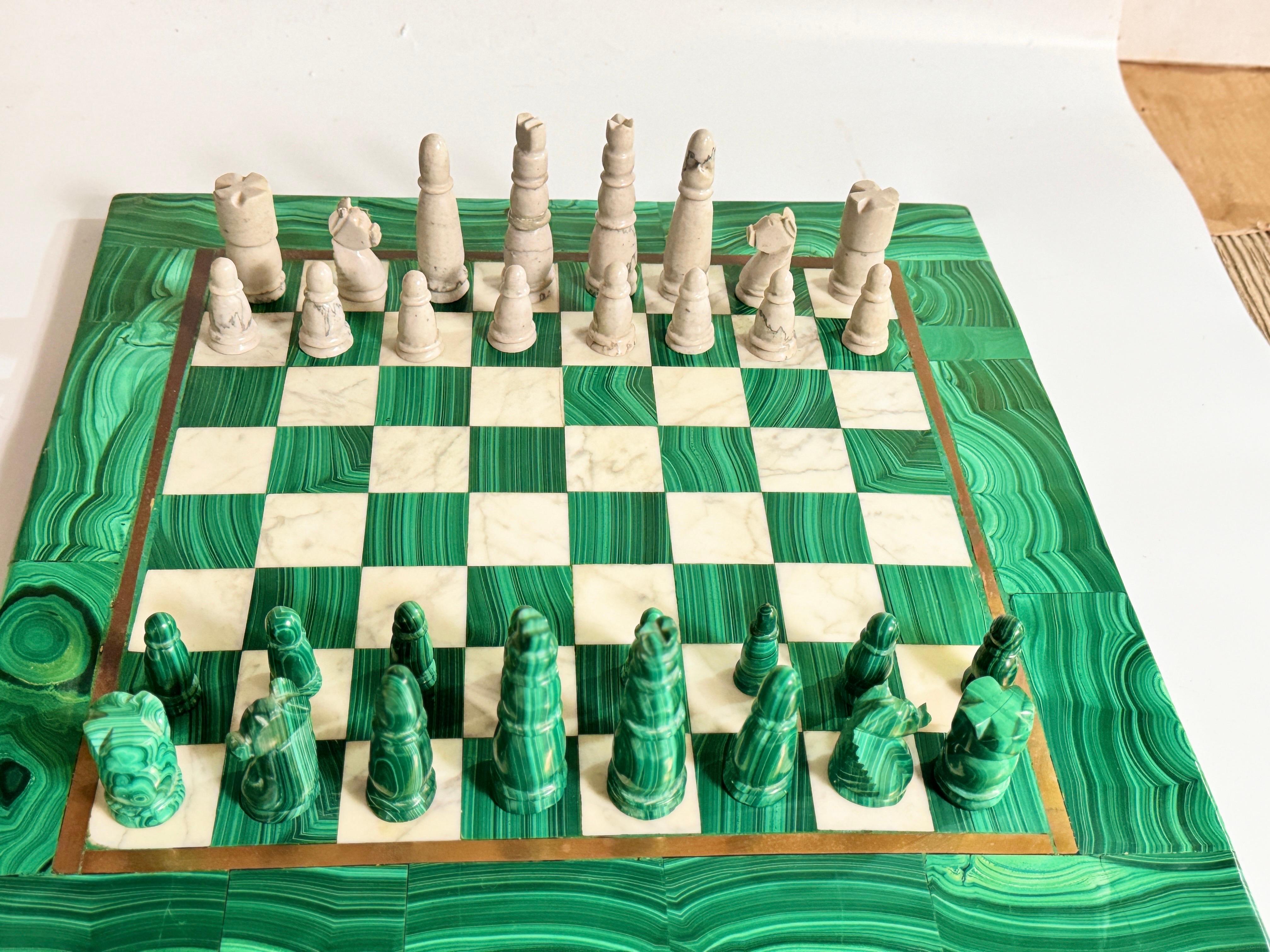 Large Antique Malachite & Carrara Marble Chess Board Early 20th Century For Sale 4